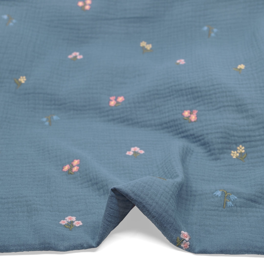 Floret Embroidered Cotton Double Gauze - Canal/Multi | Blackbird Fabrics