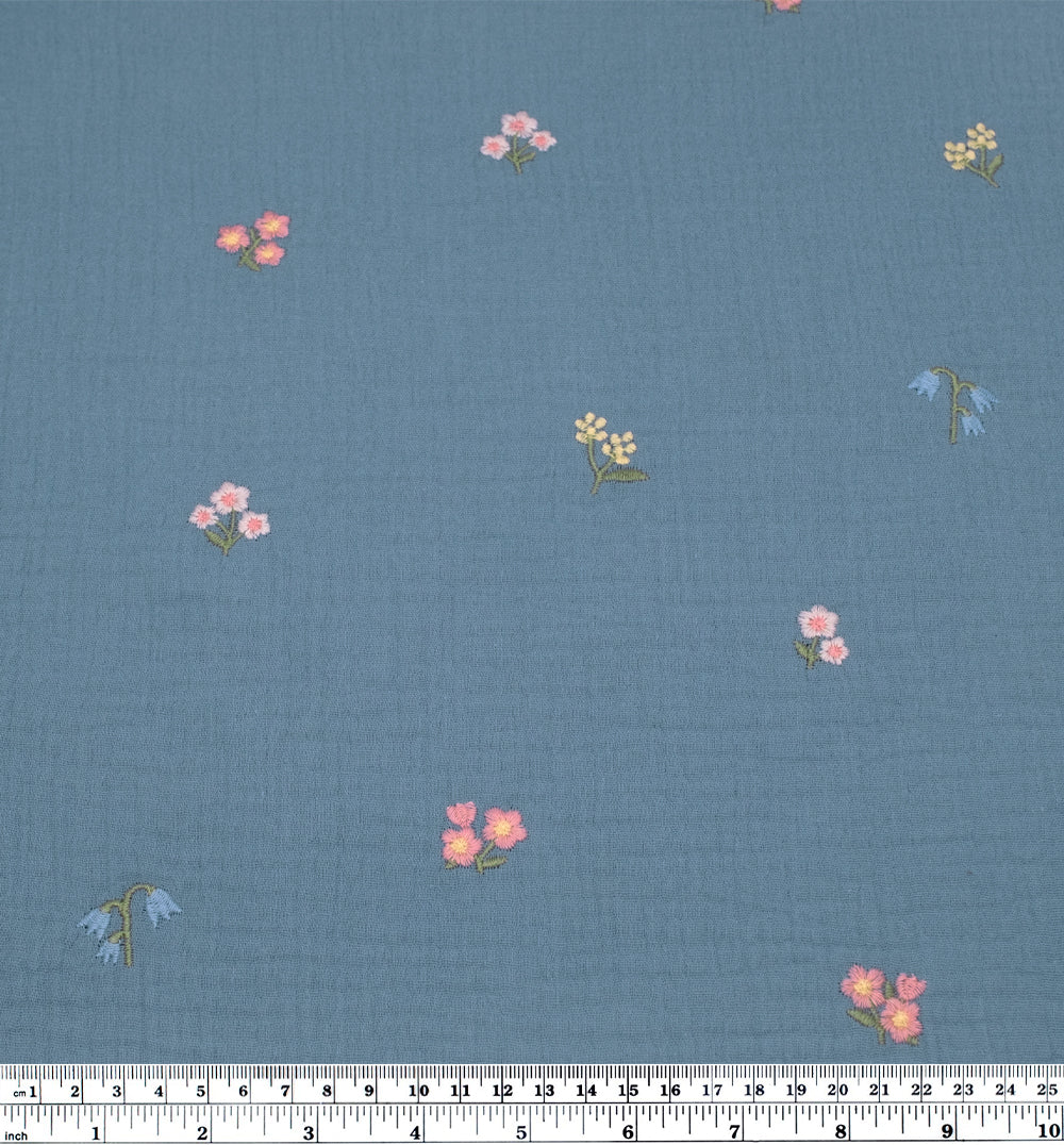 Floret Embroidered Cotton Double Gauze - Canal/Multi | Blackbird Fabrics