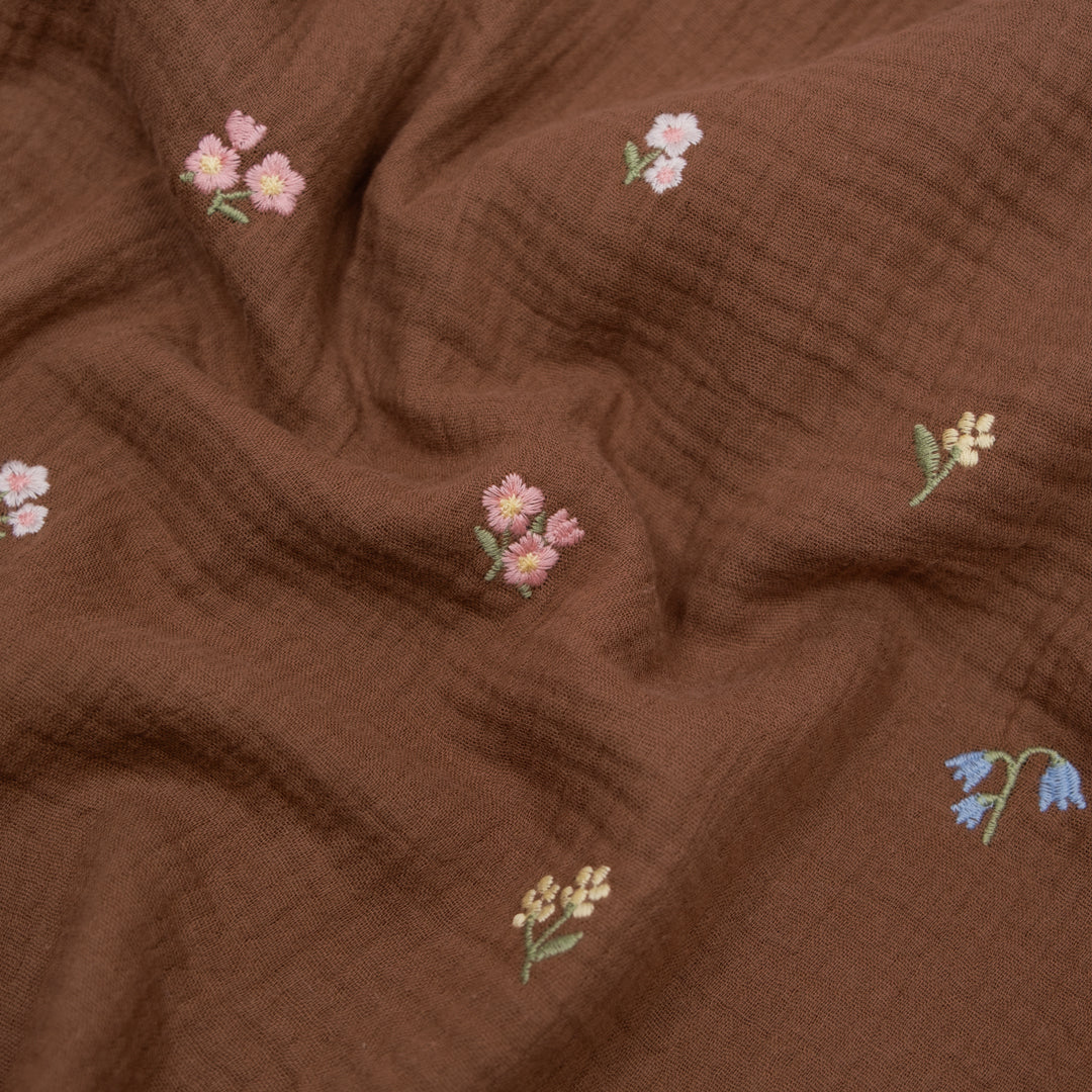 Floret Embroidered Cotton Double Gauze - Baked Clay/Multi | Blackbird Fabrics