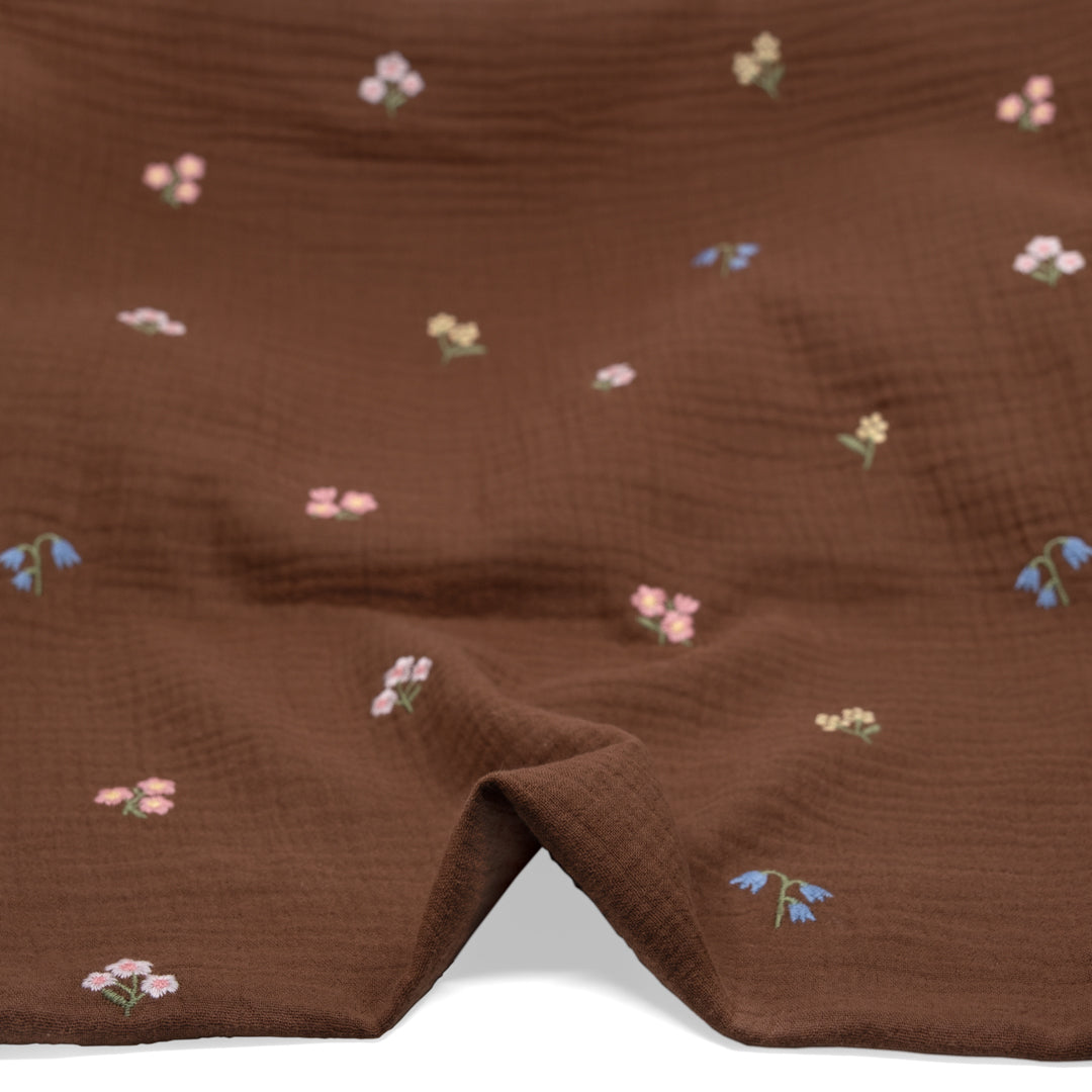 Floret Embroidered Cotton Double Gauze - Baked Clay/Multi | Blackbird Fabrics