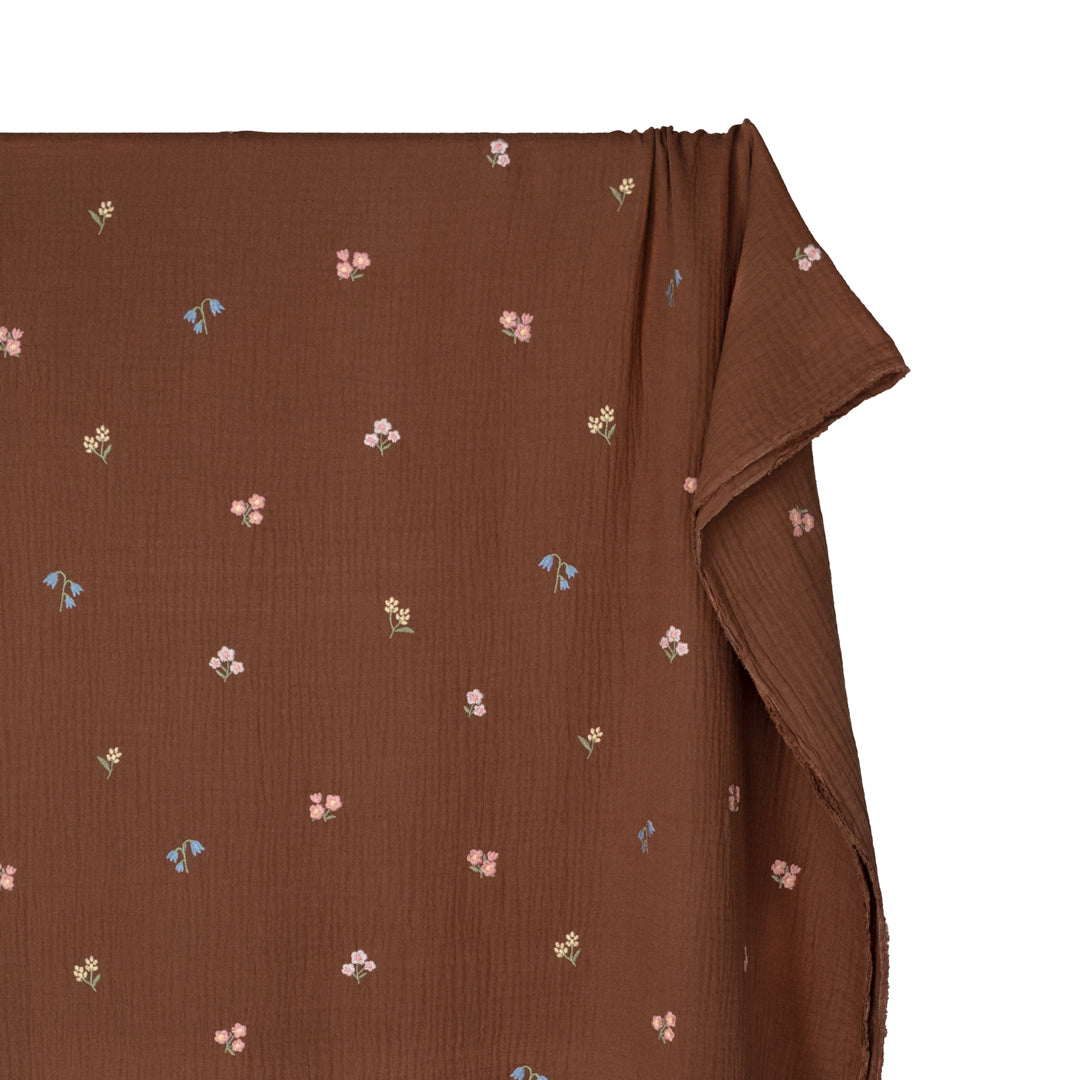 Floret Embroidered Cotton Double Gauze - Baked Clay/Multi | Blackbird Fabrics