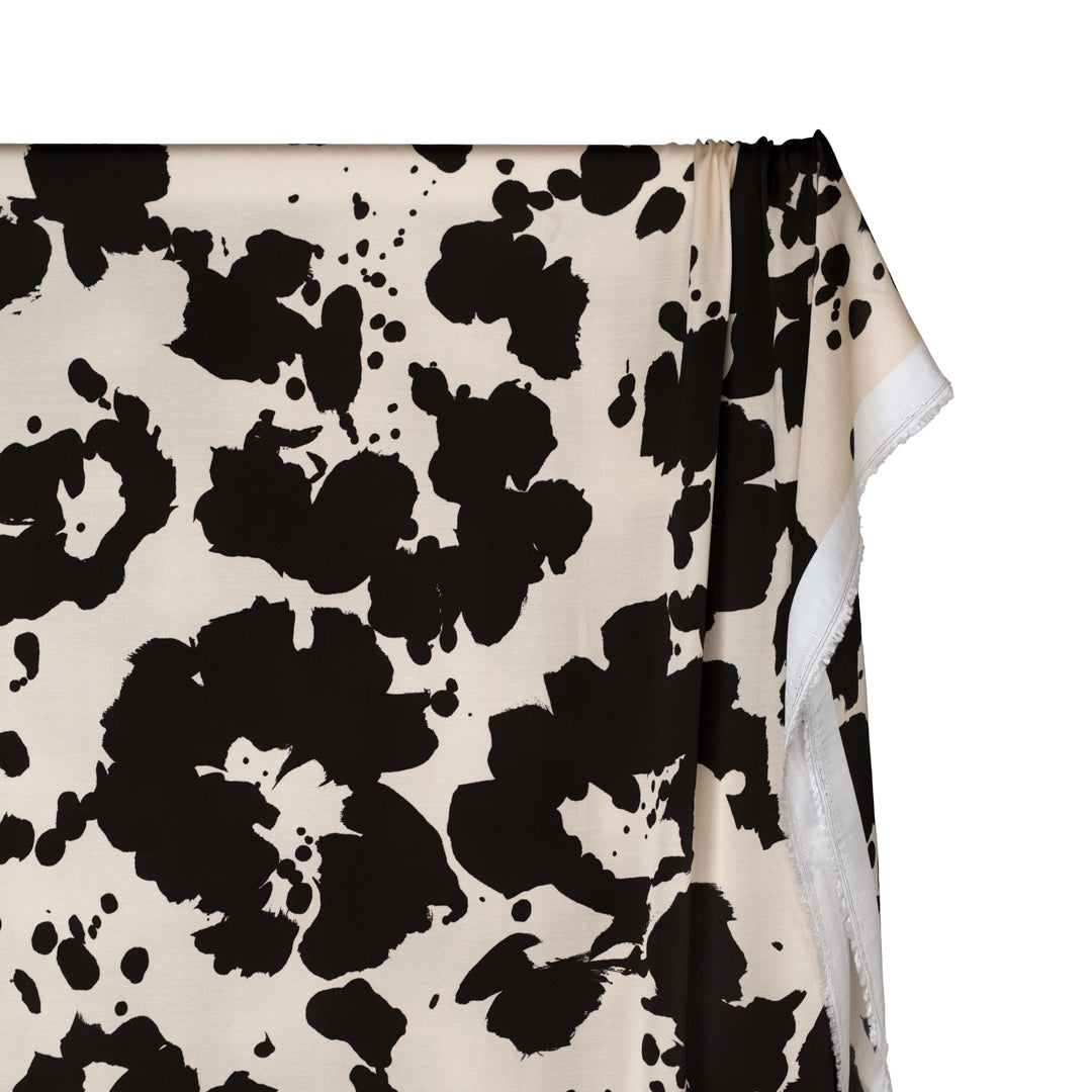 Inky Spots Viscose Satin - Ivory/Black | Blackbird Fabrics