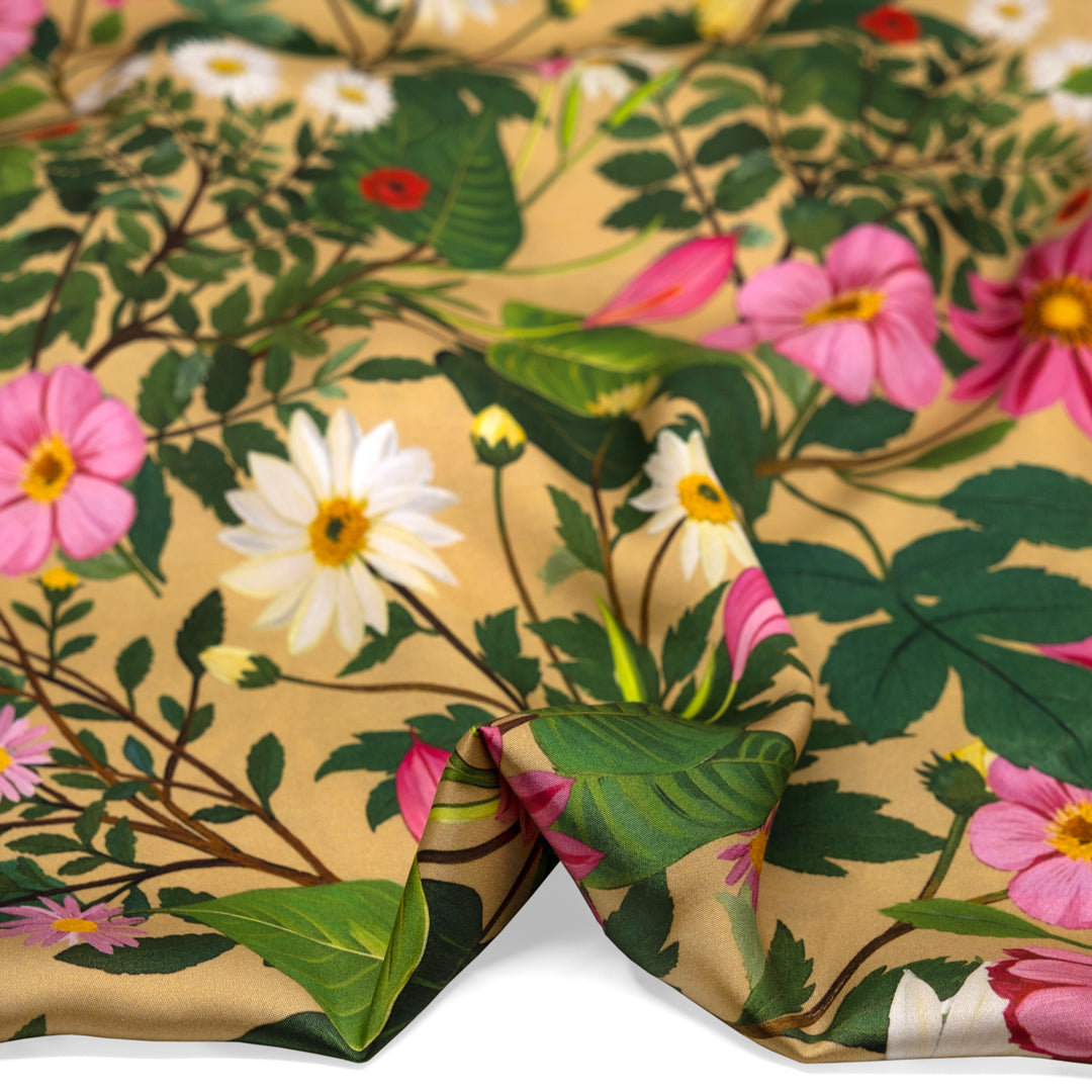 Garden Of Plenty Viscose Satin - Cumin/Multi | Blackbird Fabrics