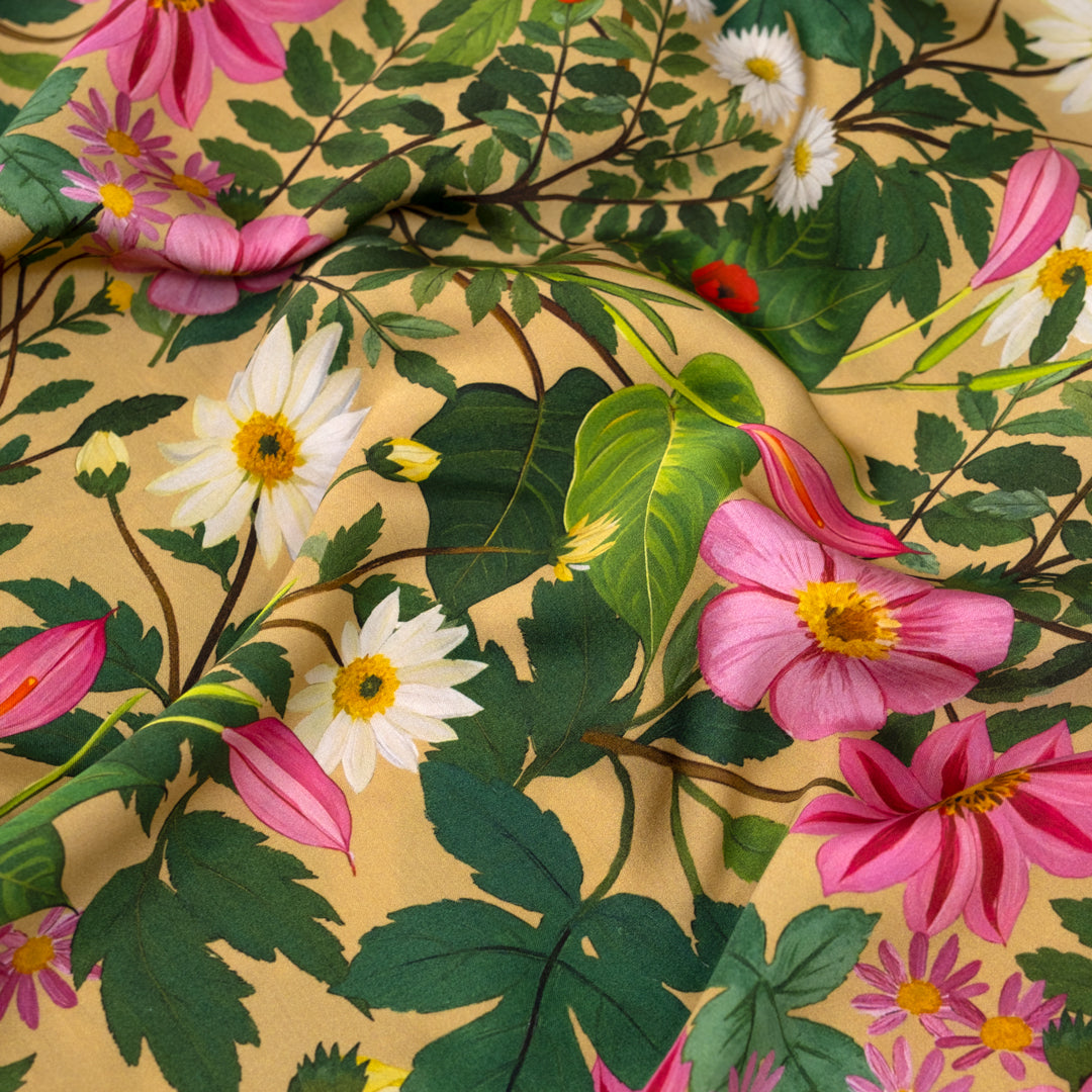 Garden Of Plenty Viscose Satin - Cumin/Multi | Blackbird Fabrics