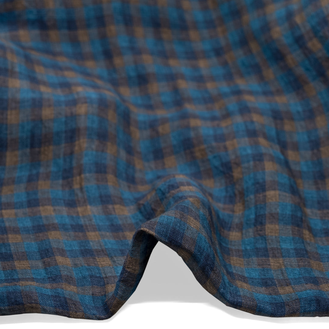 Medley Check Lightweight Stonewashed Linen - Ocean/Denim/Mink | Blackbird Fabrics