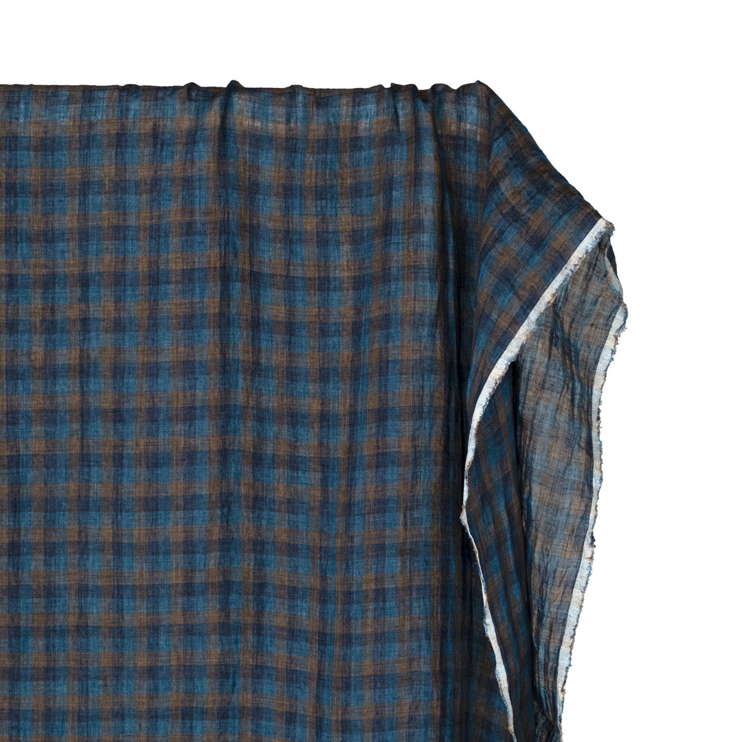 Medley Check Lightweight Stonewashed Linen - Ocean/Denim/Mink | Blackbird Fabrics