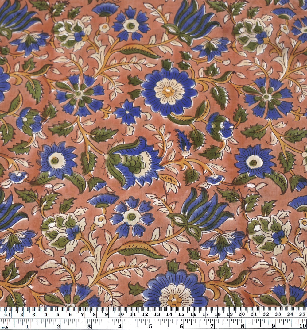 Tapestry Block Printed Organic Cotton Batiste - Warm Clay/Cobalt/Kale | Blackbird Fabrics