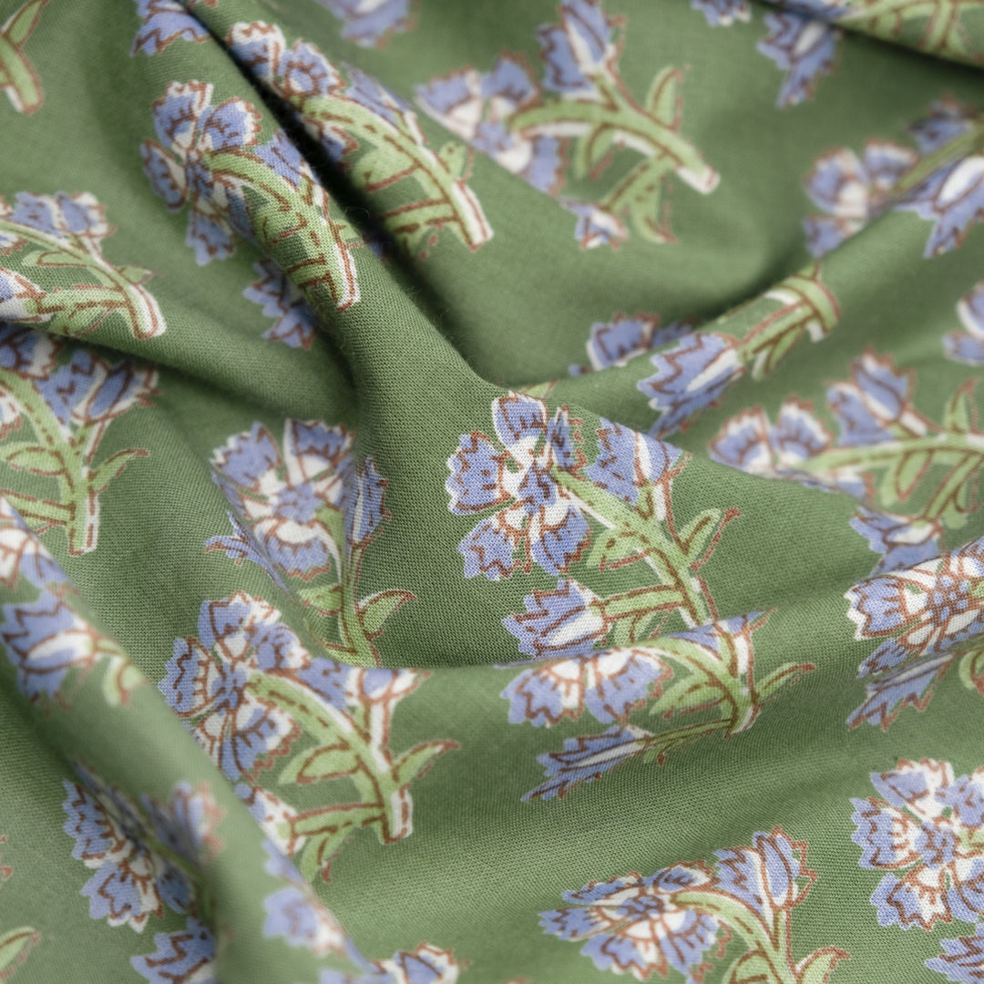 Bloom Block Printed Organic Cotton Batiste - Celadon/Periwinkle | Blackbird Fabrics