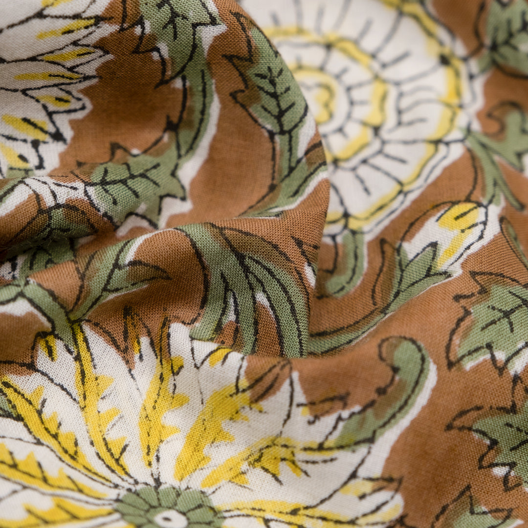 Tapestry Block Printed Organic Cotton Batiste - Cinnamon/Sage | Blackbird Fabrics
