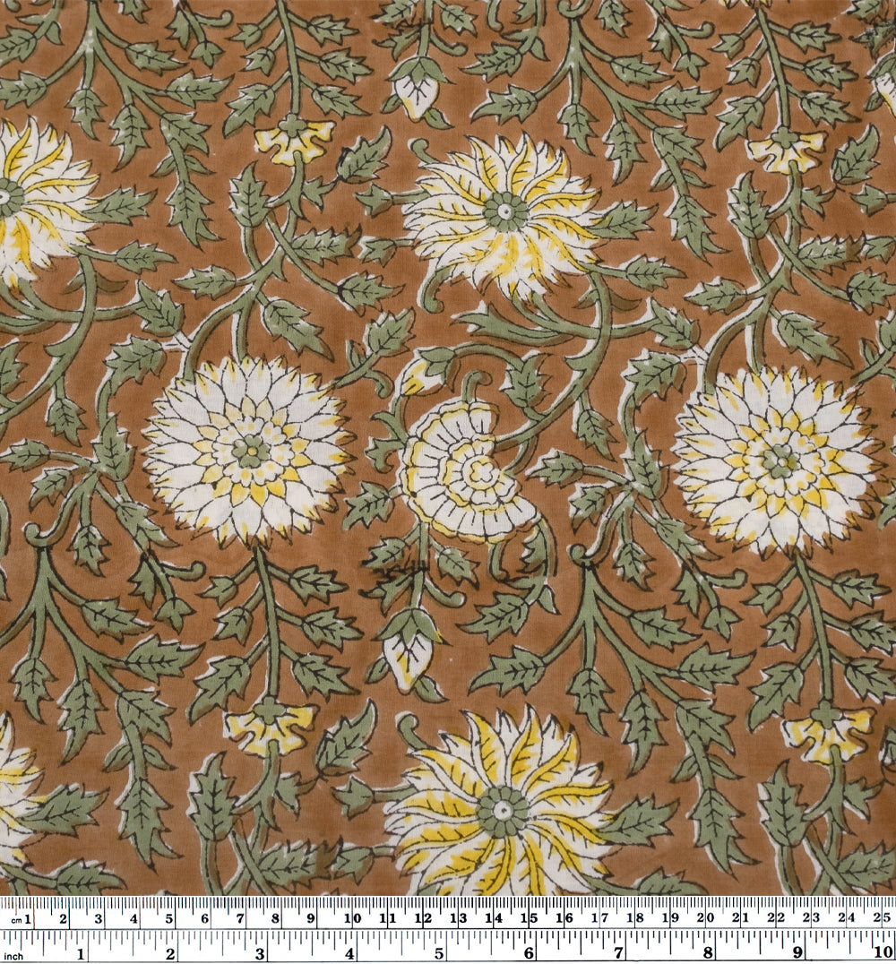 Tapestry Block Printed Organic Cotton Batiste - Cinnamon/Sage | Blackbird Fabrics