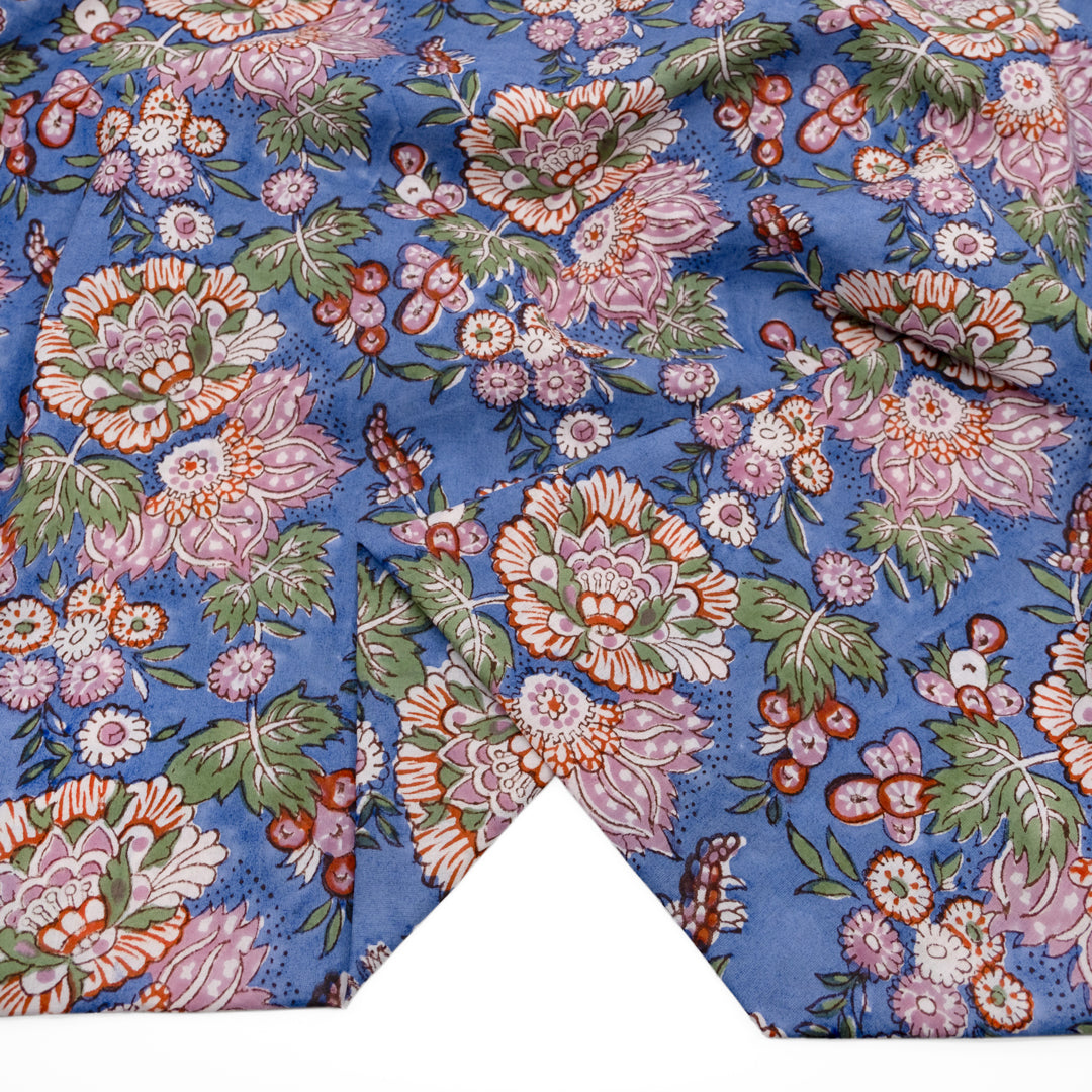Tapestry Block Printed Organic Cotton Batiste - Cornflower/Dusty Rose | Blackbird Fabrics