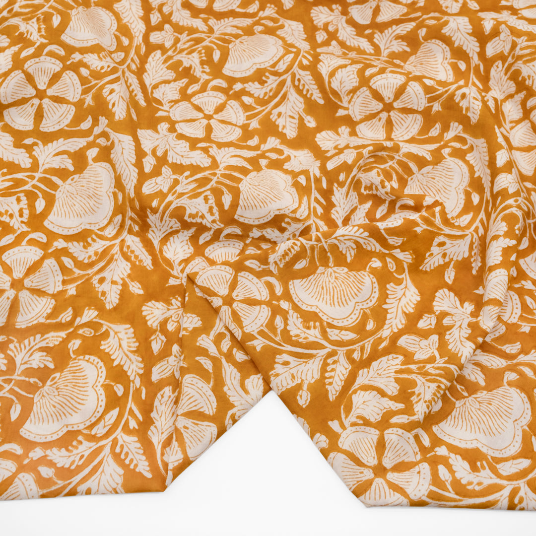 Tapestry Block Printed Organic Cotton Batiste - Saffron/Ivory | Blackbird Fabrics