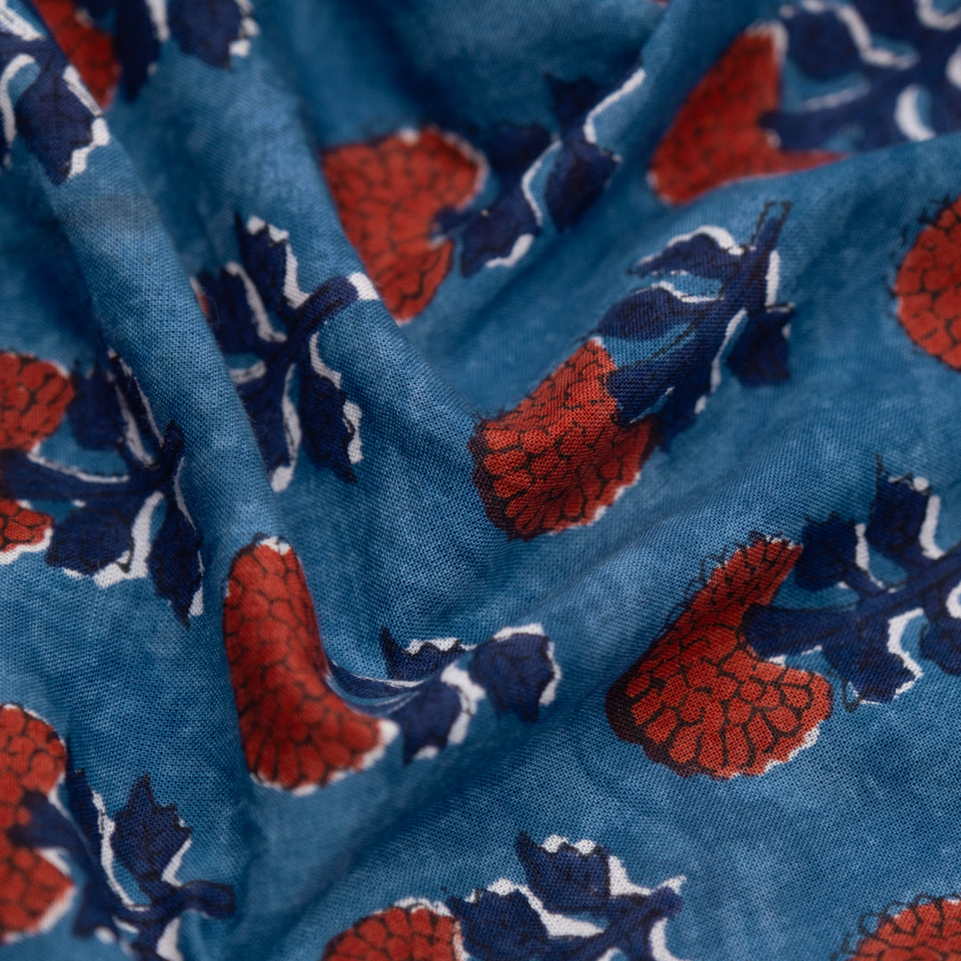 Bloom Block Printed Organic Cotton Batiste - Ocean/Spice | Blackbird Fabrics