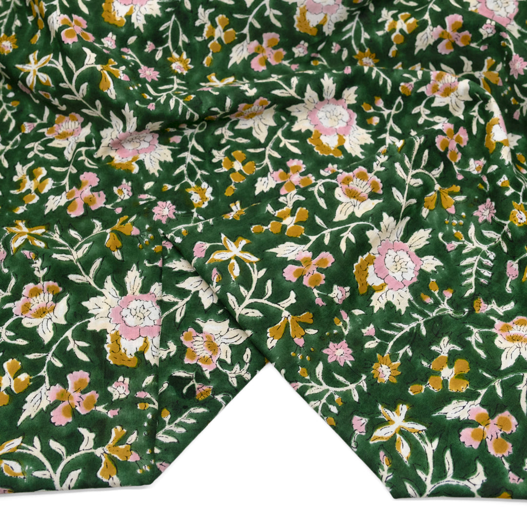 Tapestry Block Printed Organic Cotton Batiste - Emerald/Carnation | Blackbird Fabrics