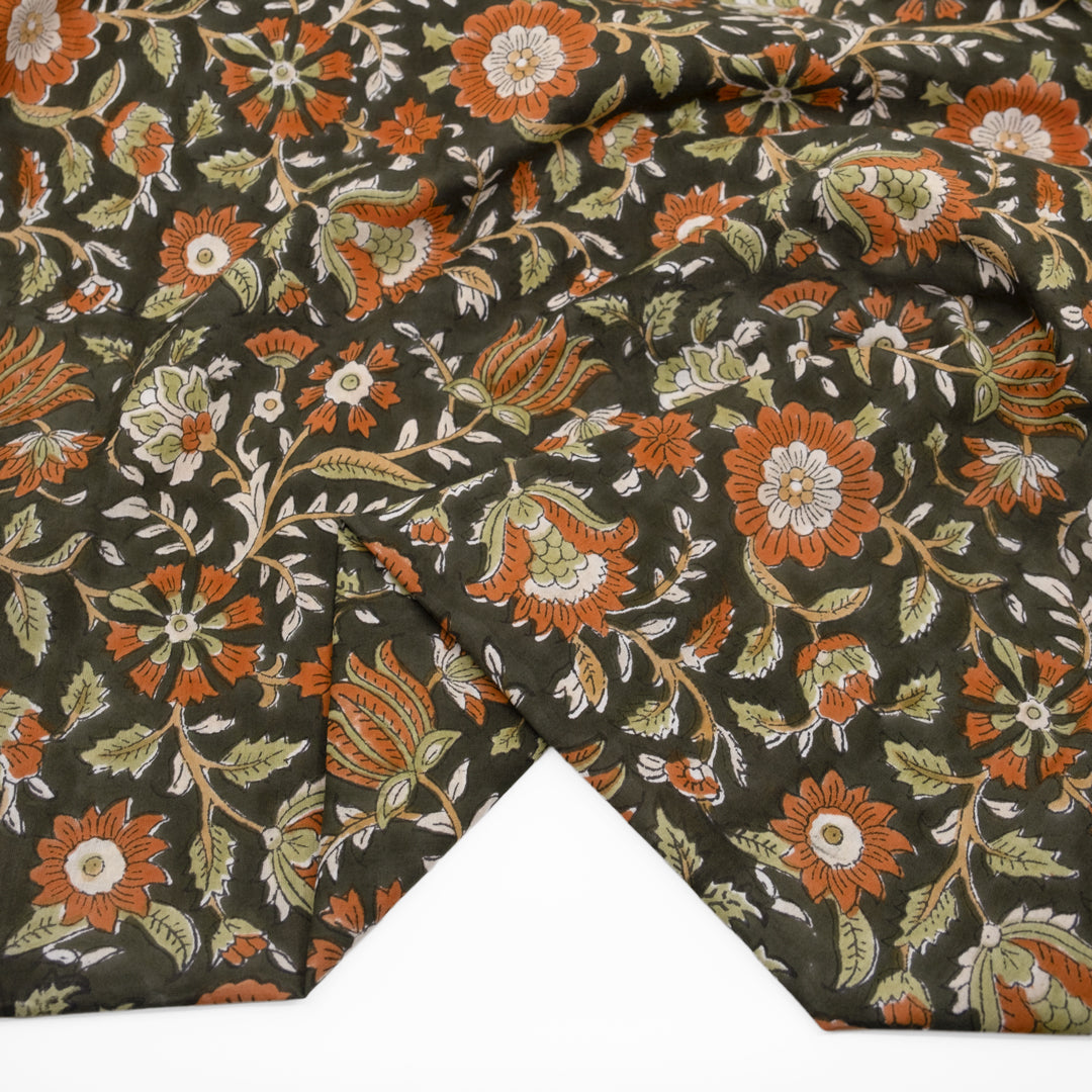 Tapestry Block Printed Organic Cotton Batiste - Olive Drab/Rust | Blackbird Fabrics