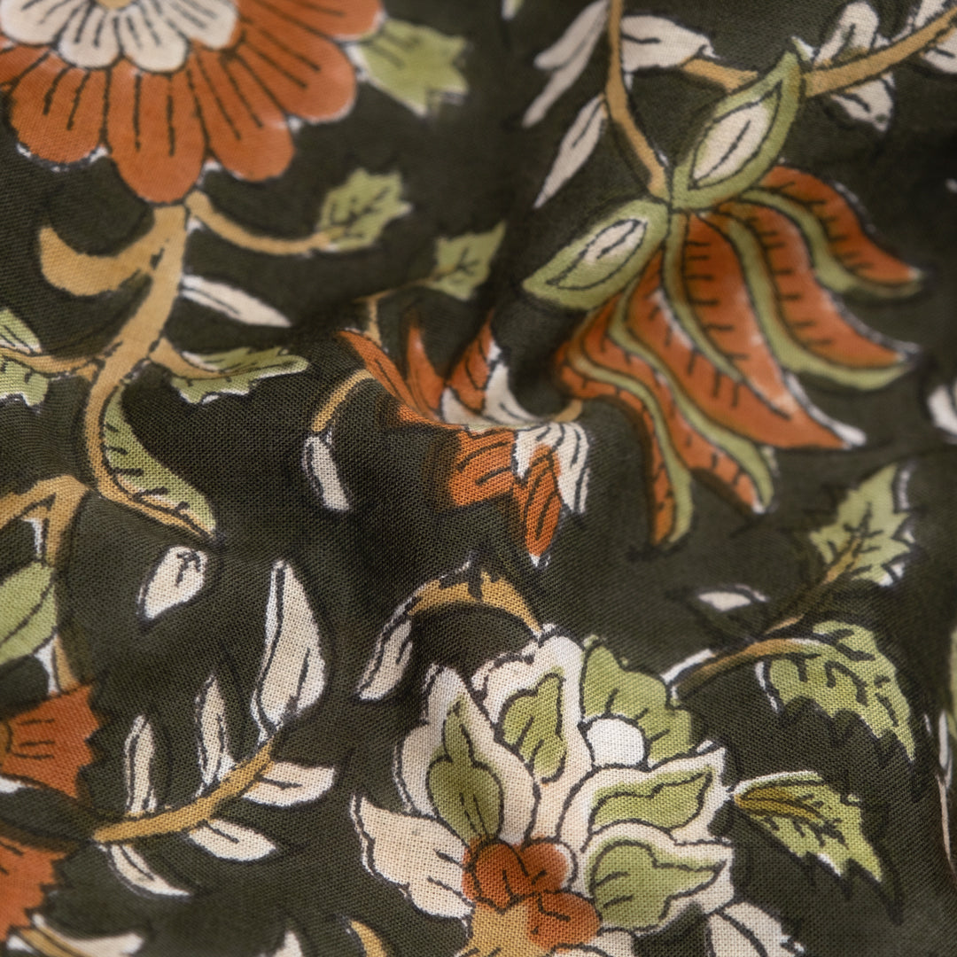Tapestry Block Printed Organic Cotton Batiste - Olive Drab/Rust | Blackbird Fabrics
