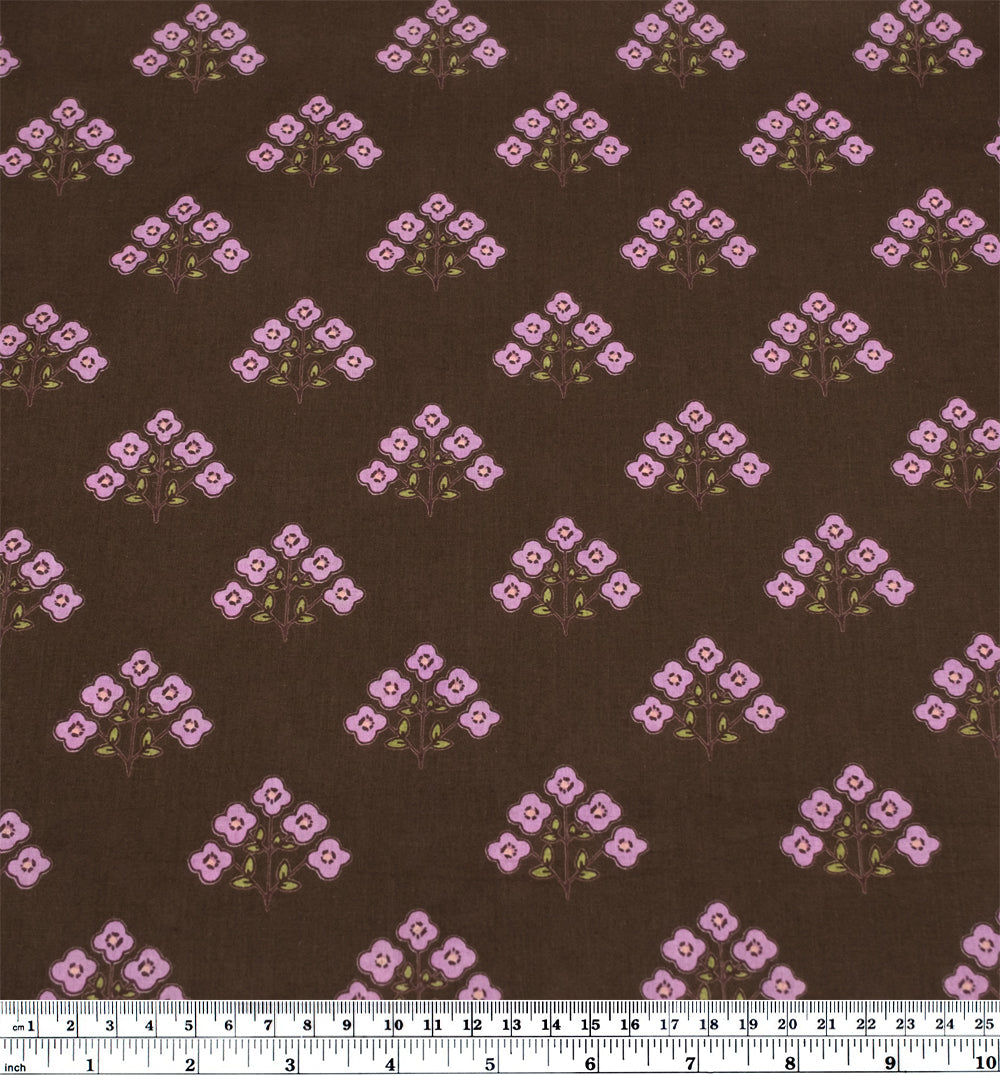 Bloom Block Printed Organic Cotton Batiste - Espresso/Lilac/Avocado | Blackbird Fabrics