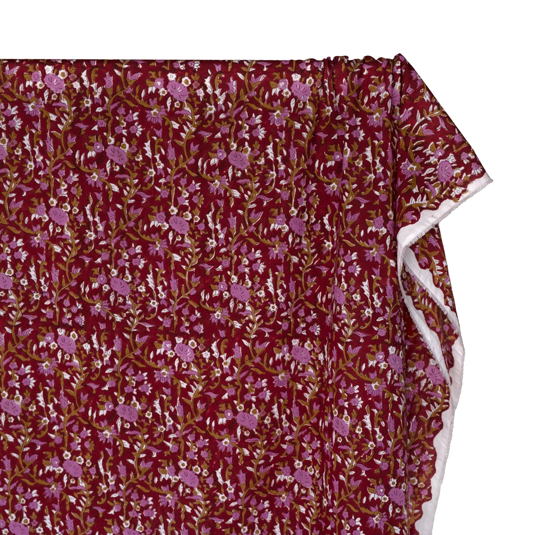 Vine Block Printed Organic Cotton Batiste - Crimson/Ochre/Dahlia | Blackbird Fabrics