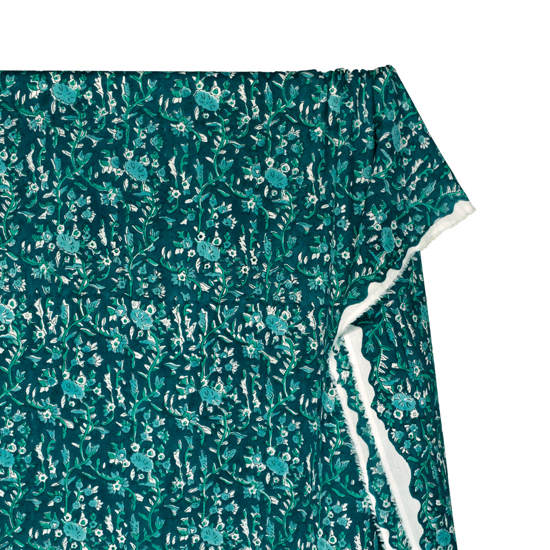 Vine Block Printed Organic Cotton Batiste - Mallard/Teal/Turquoise | Blackbird Fabrics