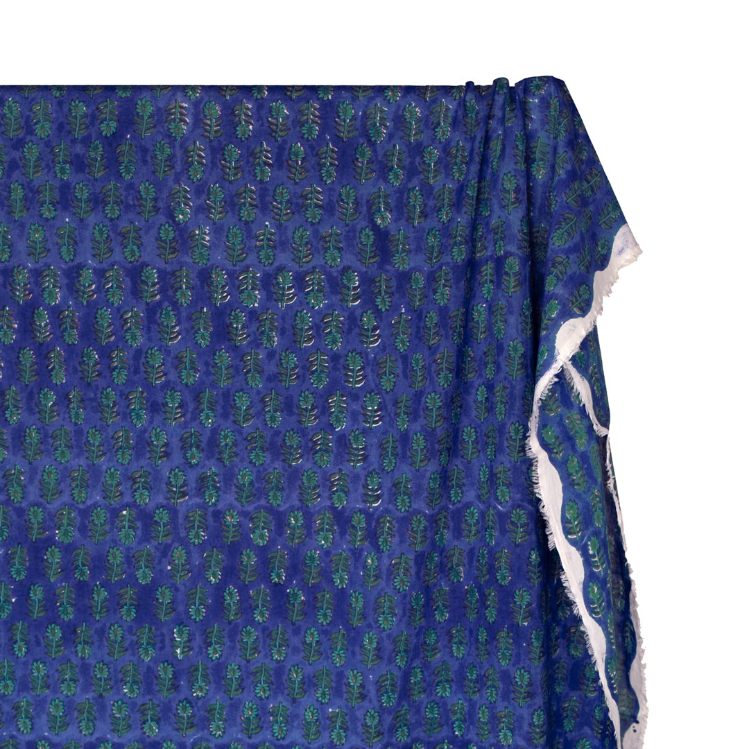 Bloom Block Printed Organic Cotton Batiste - Lapis/Waterfall/Pine | Blackbird Fabrics