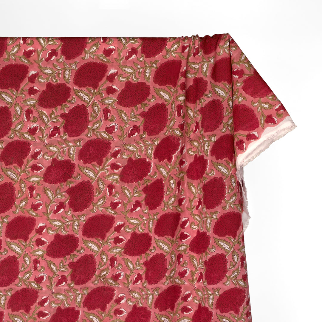 Tapestry Block Printed Organic Cotton Batiste - Guava/Cherry Pink/Sage | Blackbird Fabrics