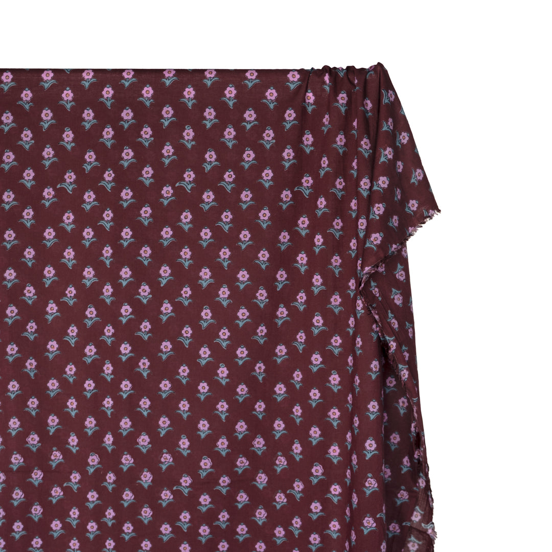 Bloom Block Printed Organic Cotton Batiste - Burgundy/Dahlia/Jade | Blackbird Fabrics
