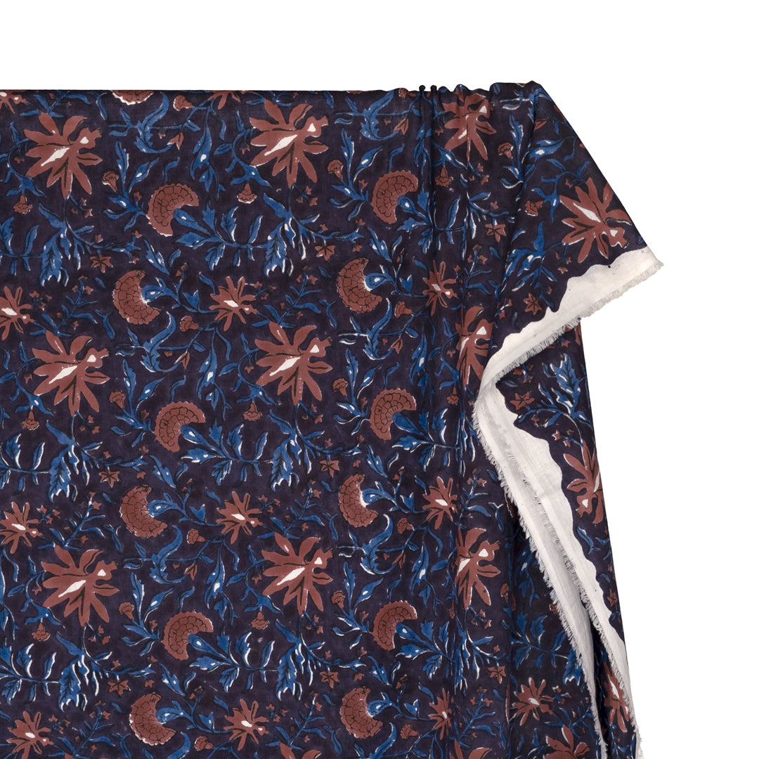 Tapestry Block Printed Organic Cotton Batiste - Raven/Rosewood/Ocean | Blackbird Fabrics