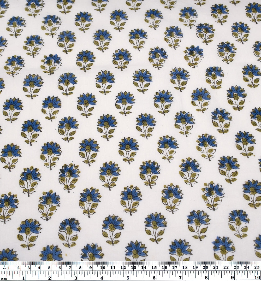Bloom Block Printed Organic Cotton Batiste - White/Marlin/Sage | Blackbird Fabrics