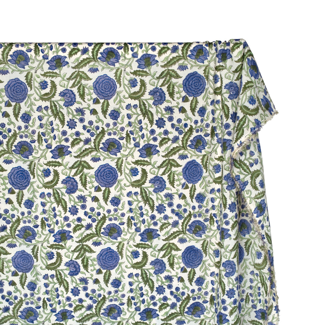 Tapestry Block Printed Organic Cotton Batiste - Ivory/Cornflower/Melon | Blackbird Fabrics