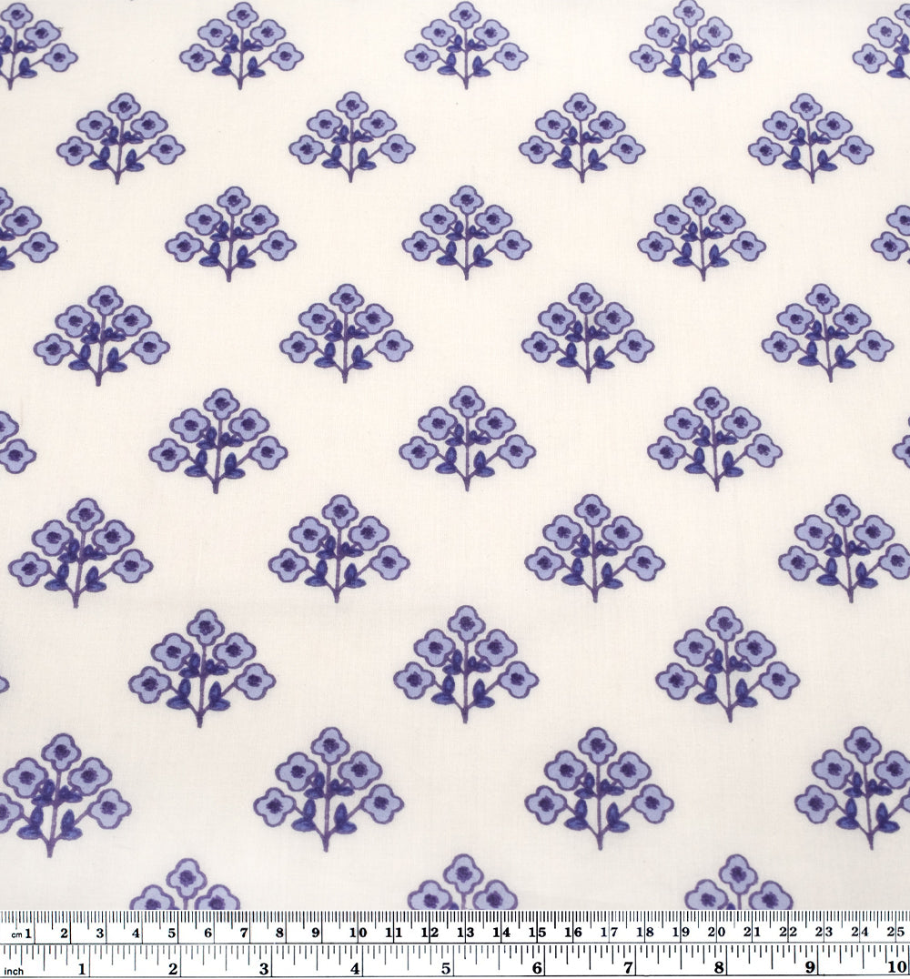 Bloom Block Printed Organic Cotton Batiste - White/Periwinkle/Grape | Blackbird Fabrics