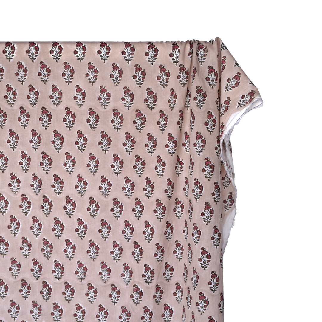 Bloom Block Printed Organic Cotton Batiste - Pumice/Wild Rose/Olive Drab | Blackbird Fabrics