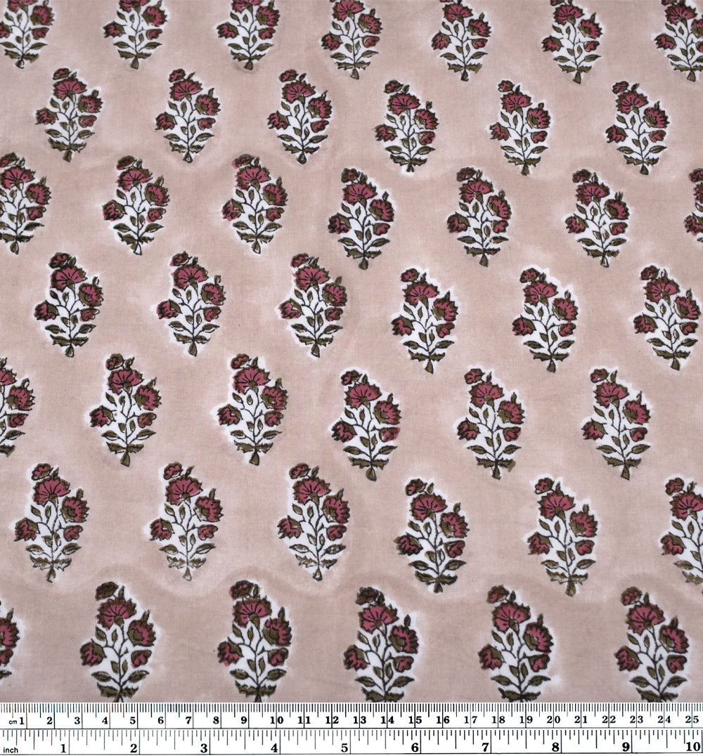 Bloom Block Printed Organic Cotton Batiste - Pumice/Wild Rose/Olive Drab | Blackbird Fabrics