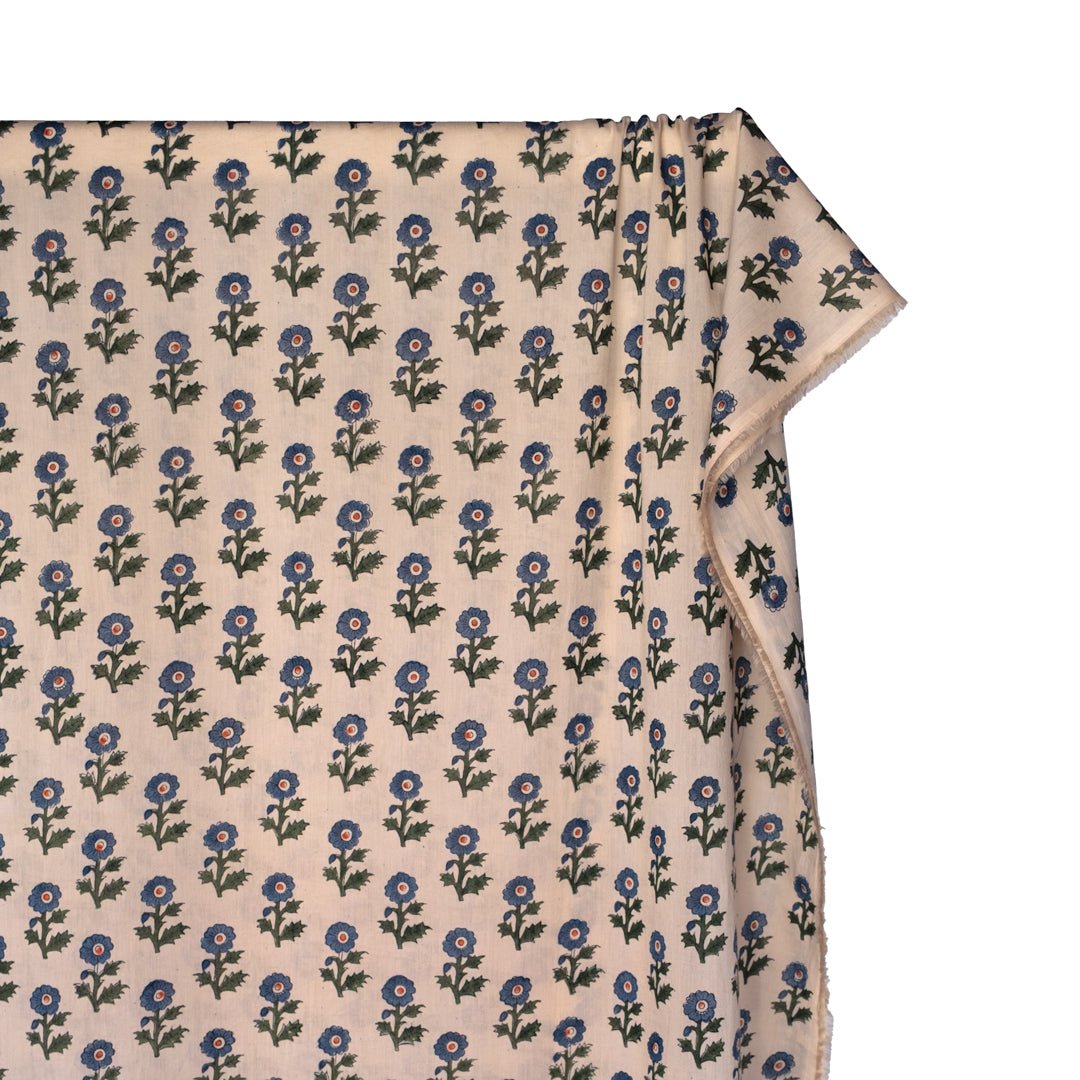 Bloom Block Printed Organic Cotton Batiste - Shell/Denim/Pine | Blackbird Fabrics