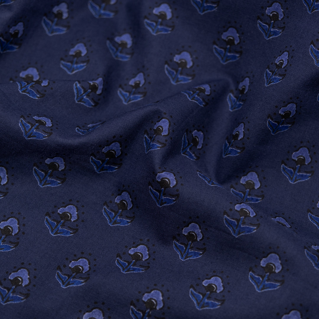 Bloom Block Printed Organic Cotton Batiste - Midnight Blue/Azure/Fog | Blackbird Fabrics
