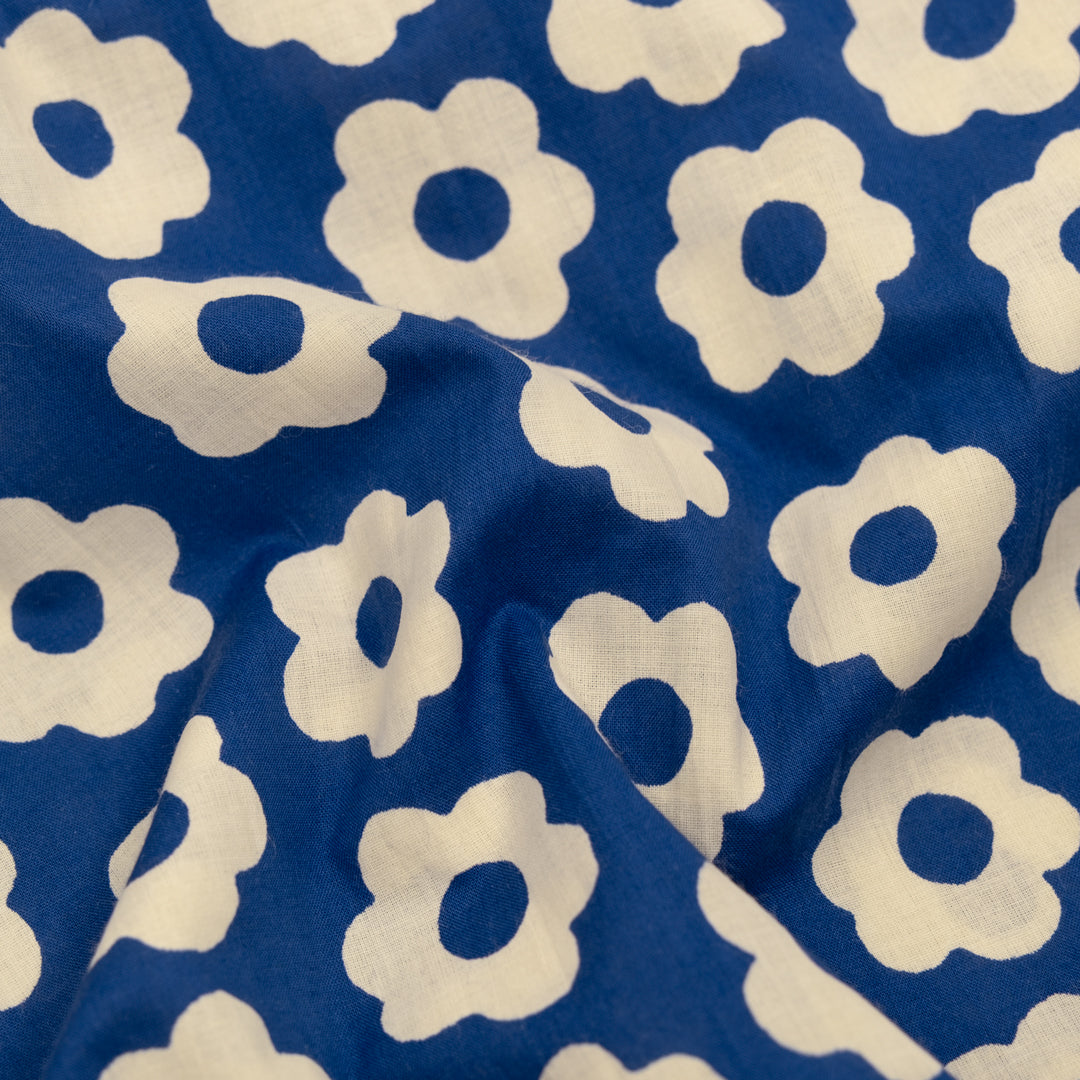Bloom Block Printed Organic Cotton Batiste - Fjord/Cream | Blackbird Fabrics