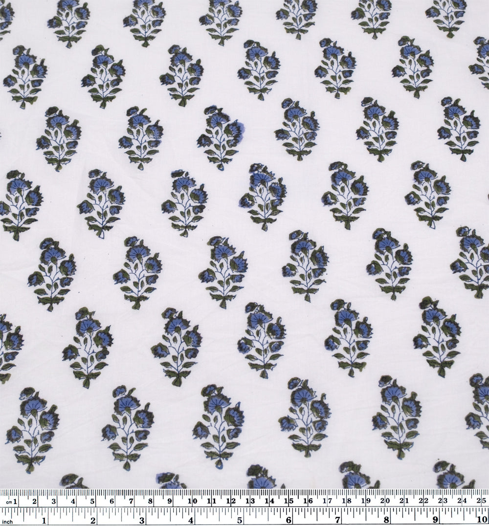 Bloom Block Printed Organic Cotton Batiste - White/Periwinkle/Juniper | Blackbird Fabrics