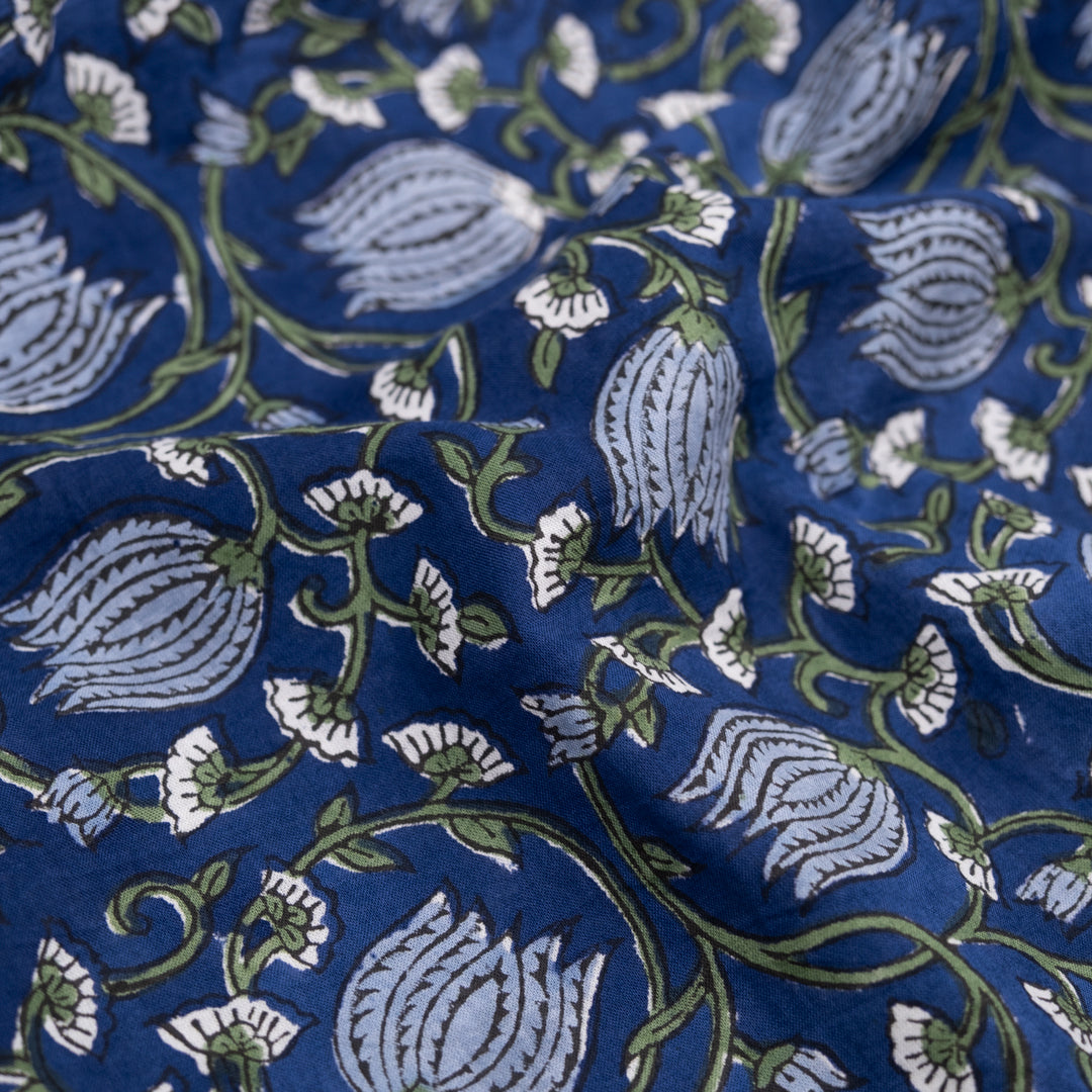 Vine Block Printed Organic Cotton Batiste - Deep Ocean/Dill/Bluestone | Blackbird Fabrics