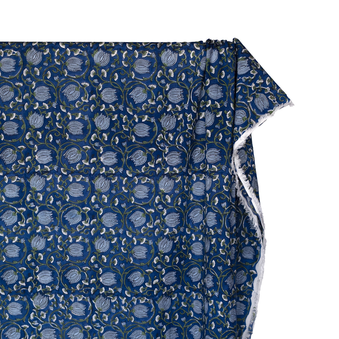 Vine Block Printed Organic Cotton Batiste - Deep Ocean/Dill/Bluestone | Blackbird Fabrics