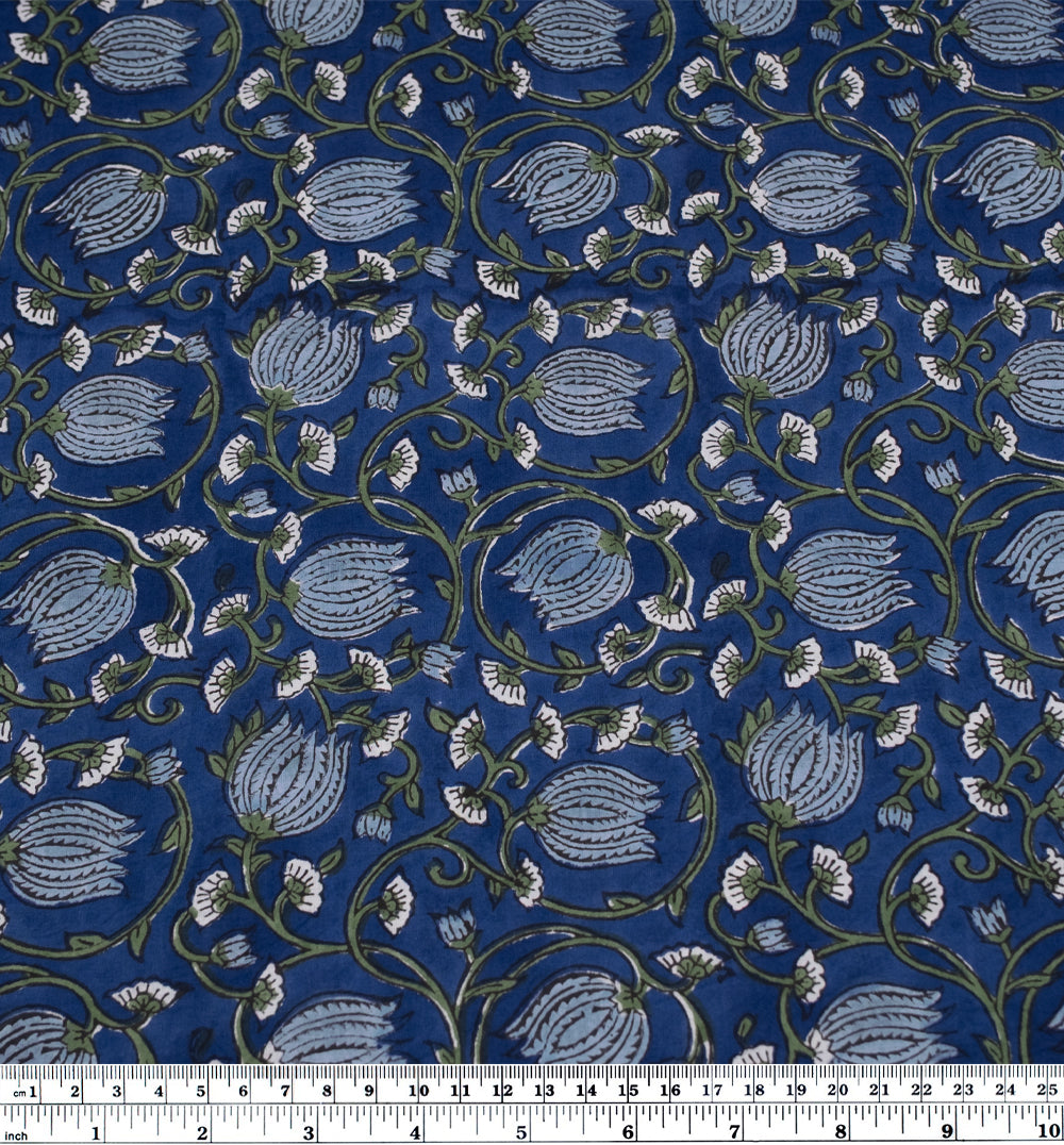 Vine Block Printed Organic Cotton Batiste - Deep Ocean/Dill/Bluestone | Blackbird Fabrics
