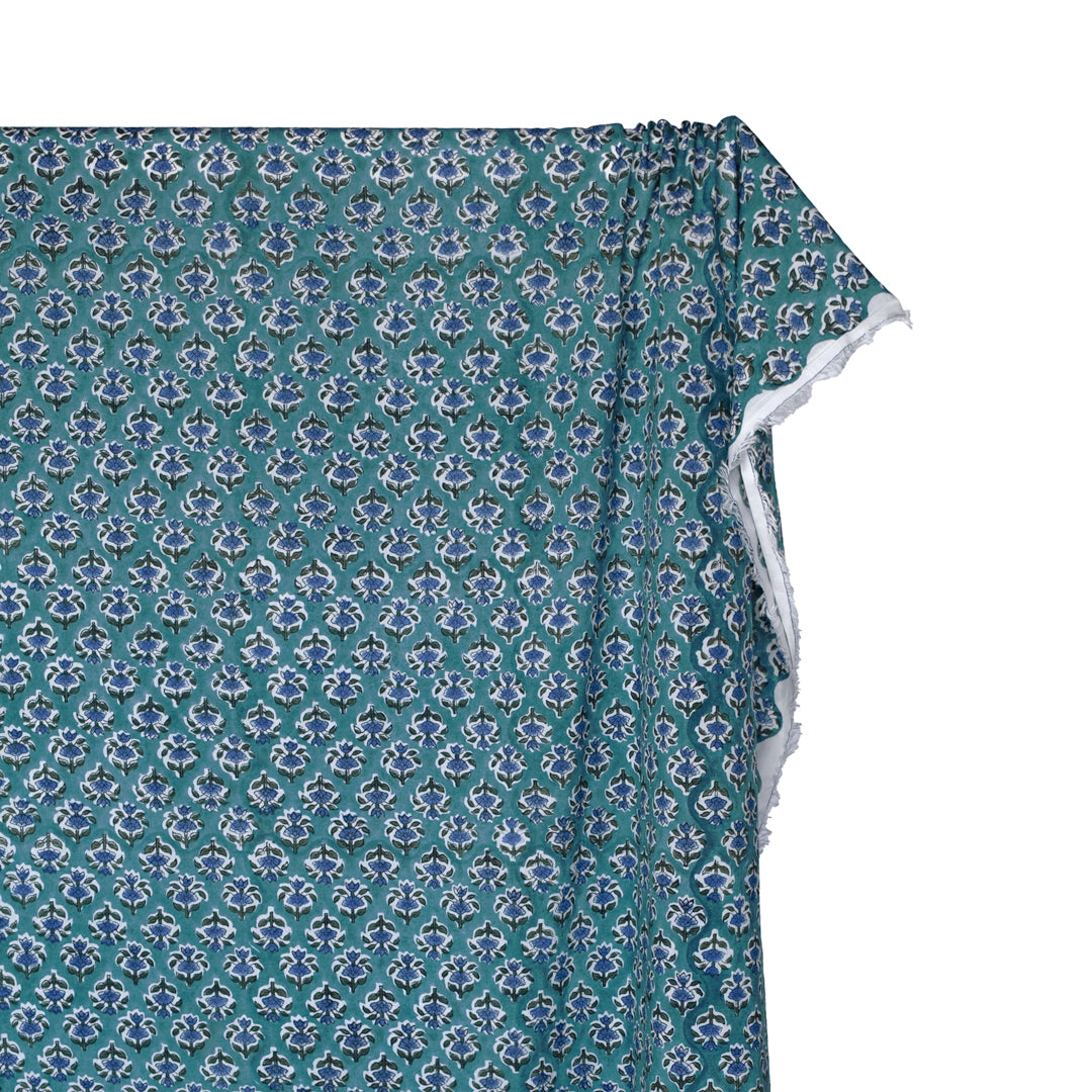 Bloom Block Printed Organic Cotton Batiste - Waterfall/Blue Pool/Pine | Blackbird Fabrics