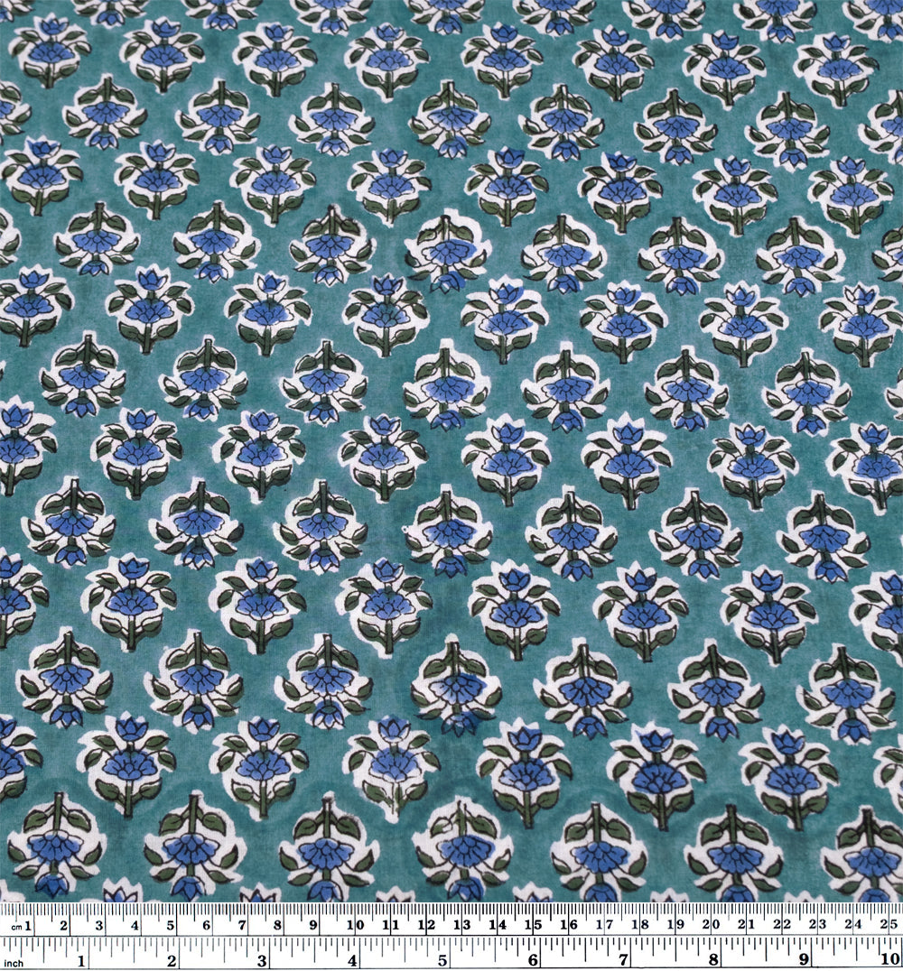 Bloom Block Printed Organic Cotton Batiste - Waterfall/Blue Pool/Pine | Blackbird Fabrics