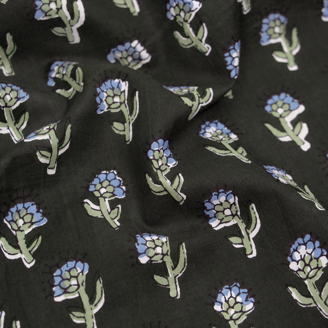 Bloom Block Printed Organic Cotton Batiste - Peat/Eucalyptus/Cornflower | Blackbird Fabrics
