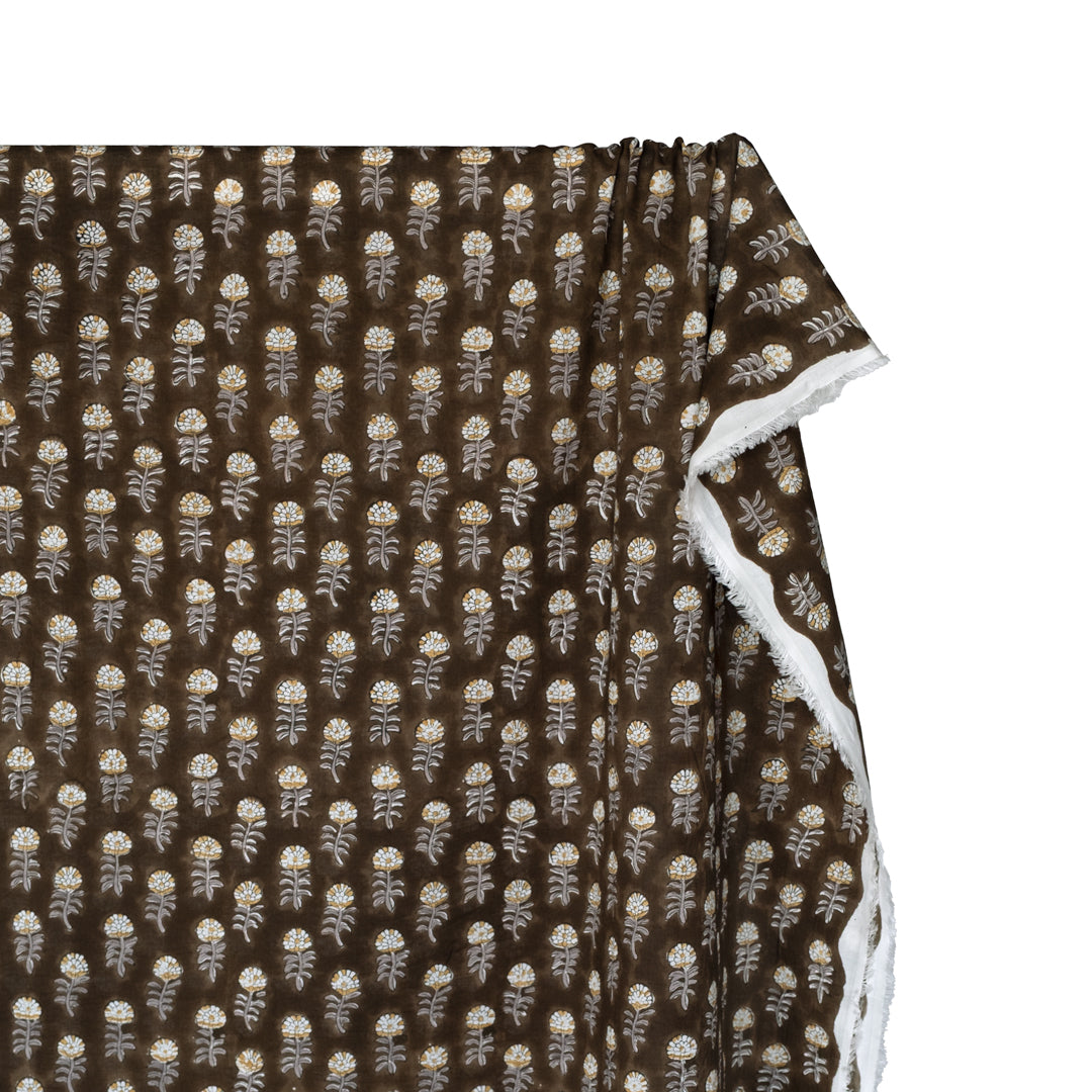 Bloom Block Printed Organic Cotton Batiste - Seaweed/Pebble/Mustard | Blackbird Fabrics