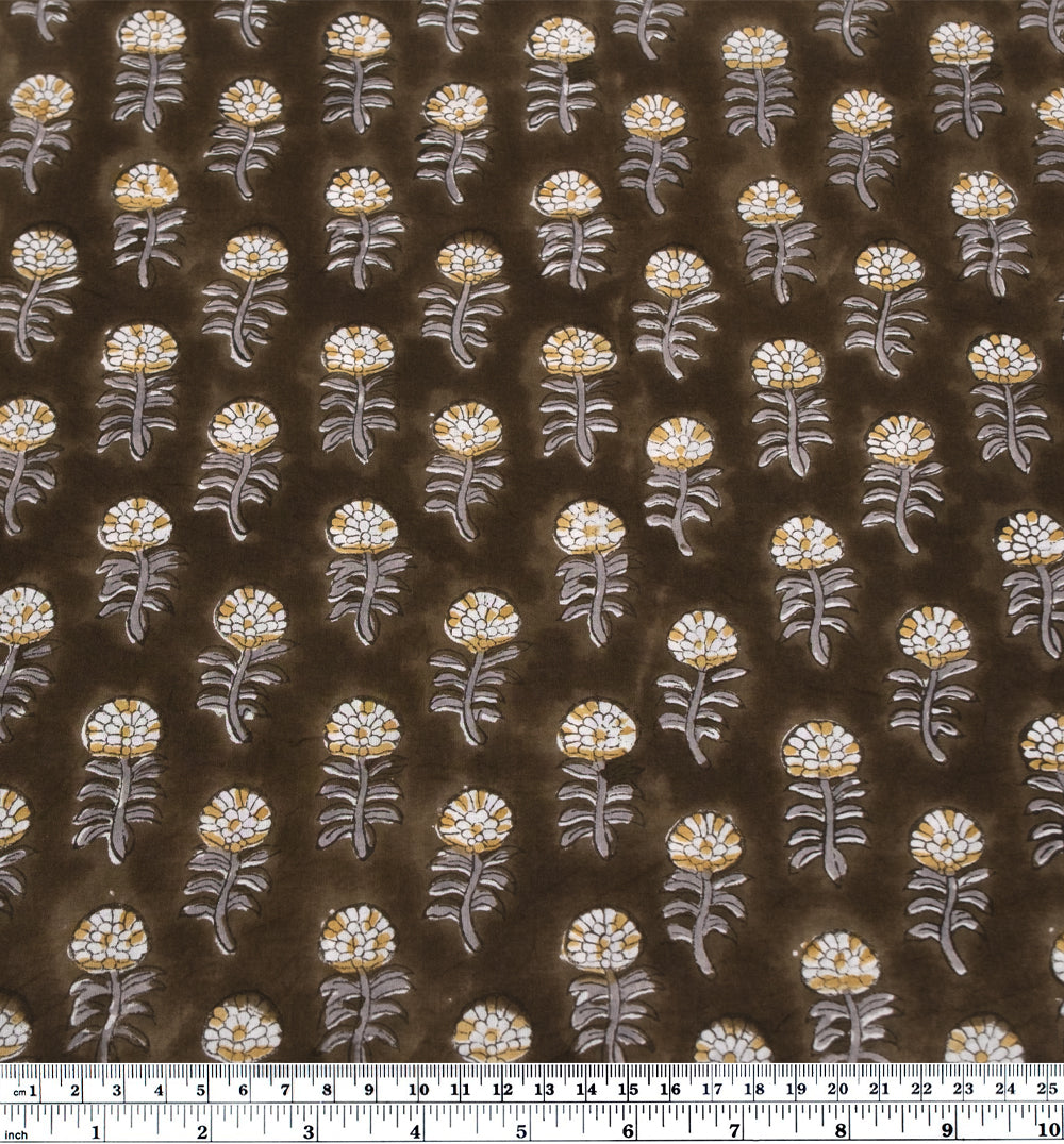 Bloom Block Printed Organic Cotton Batiste - Seaweed/Pebble/Mustard | Blackbird Fabrics