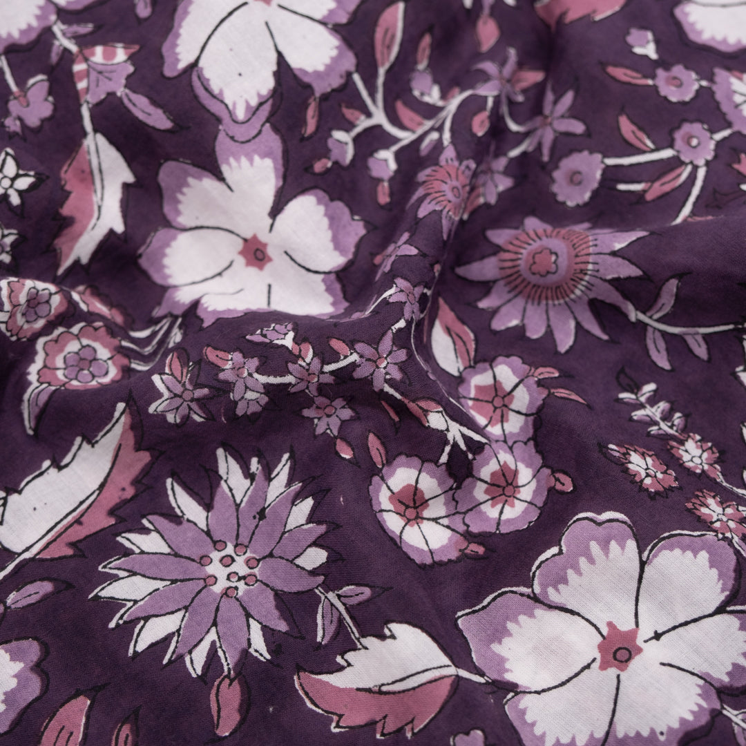 Tapestry Block Printed Organic Cotton Batiste - Blackberry/Fox Glove/White | Blackbird Fabrics