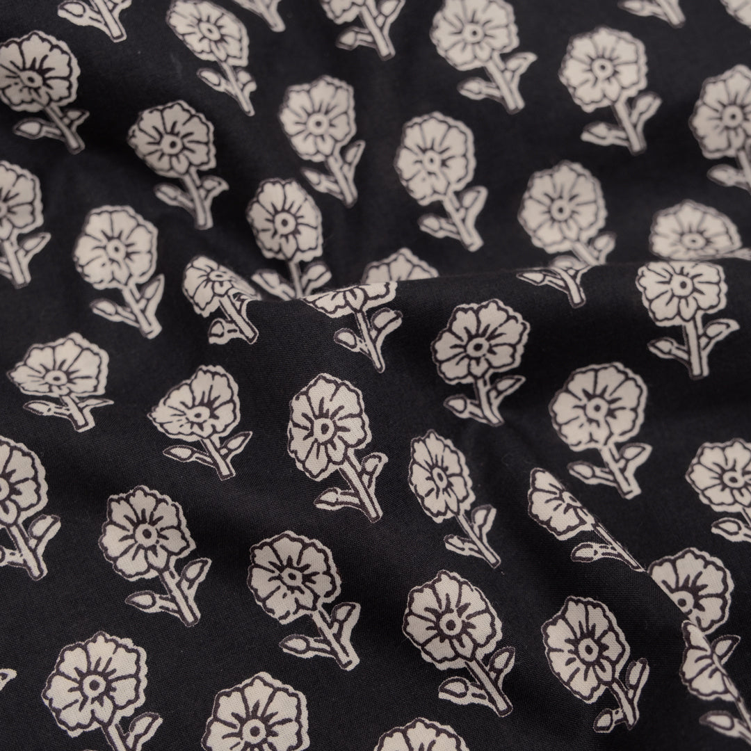 Bloom Block Printed Organic Cotton Batiste - Black/Ecru | Blackbird Fabrics
