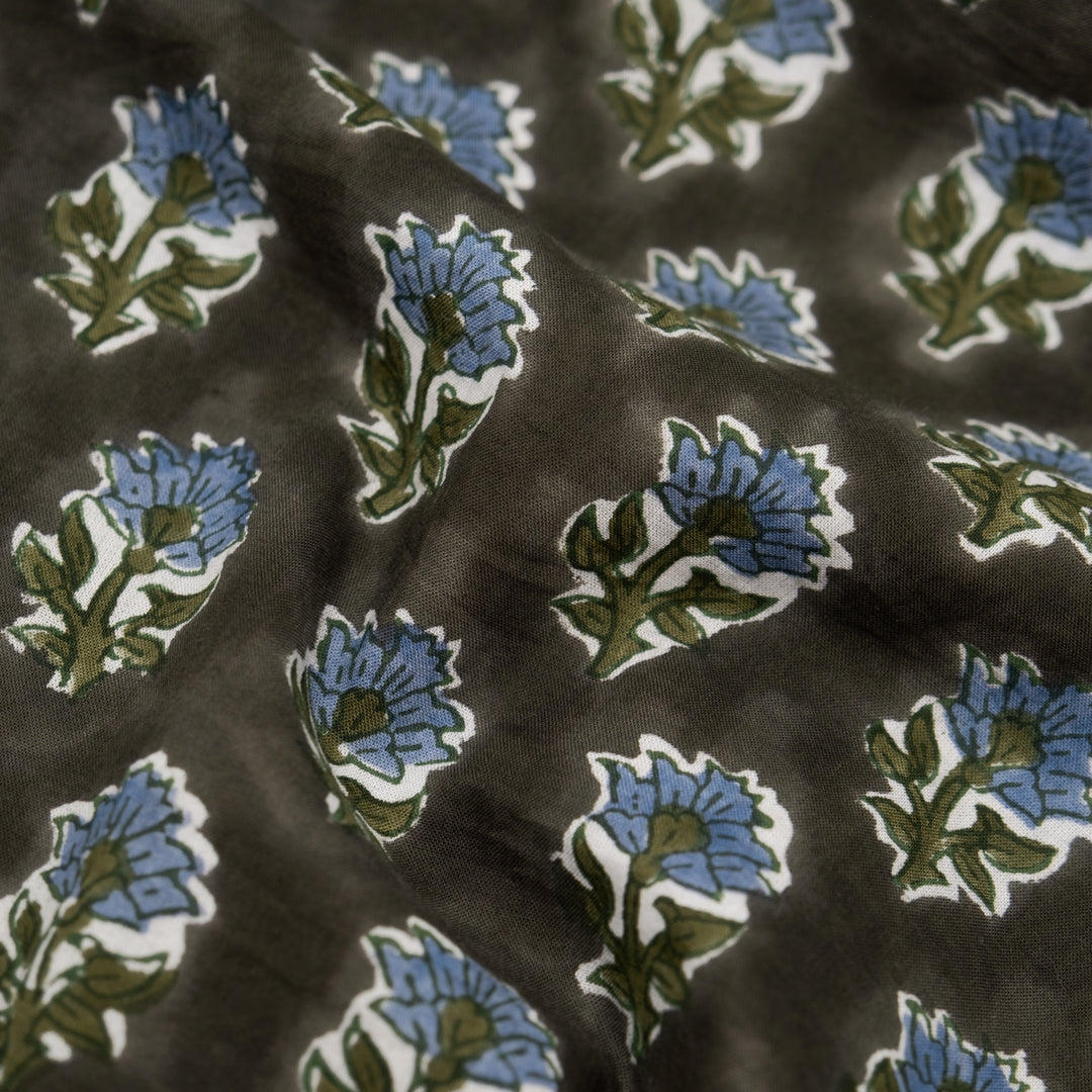 Bloom Block Printed Organic Cotton Batiste - Jasper/Pacific Blue/Caper | Blackbird Fabrics
