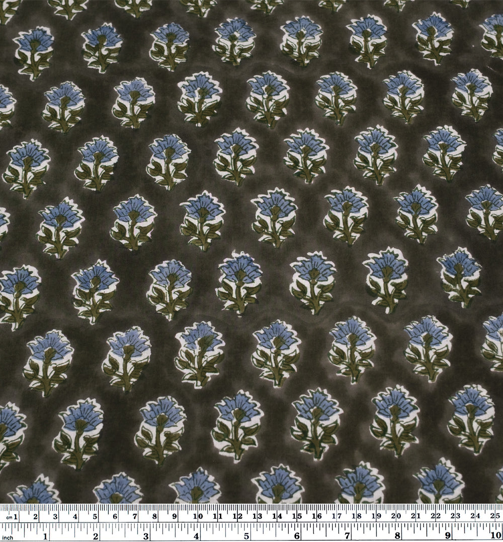 Bloom Block Printed Organic Cotton Batiste - Jasper/Pacific Blue/Caper | Blackbird Fabrics