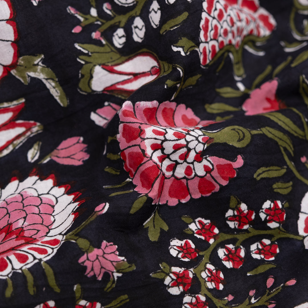 Tapestry Block Printed Organic Cotton Batiste - Raven/Crimson/Kale | Blackbird Fabrics