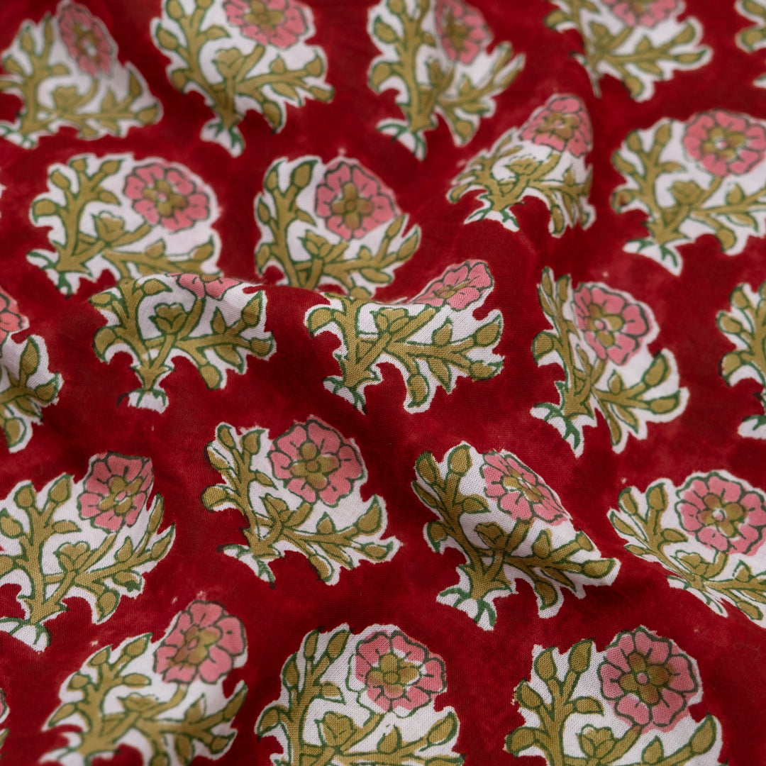 Bloom Block Printed Organic Cotton Batiste - Carmine/Cactus/Rose | Blackbird Fabrics